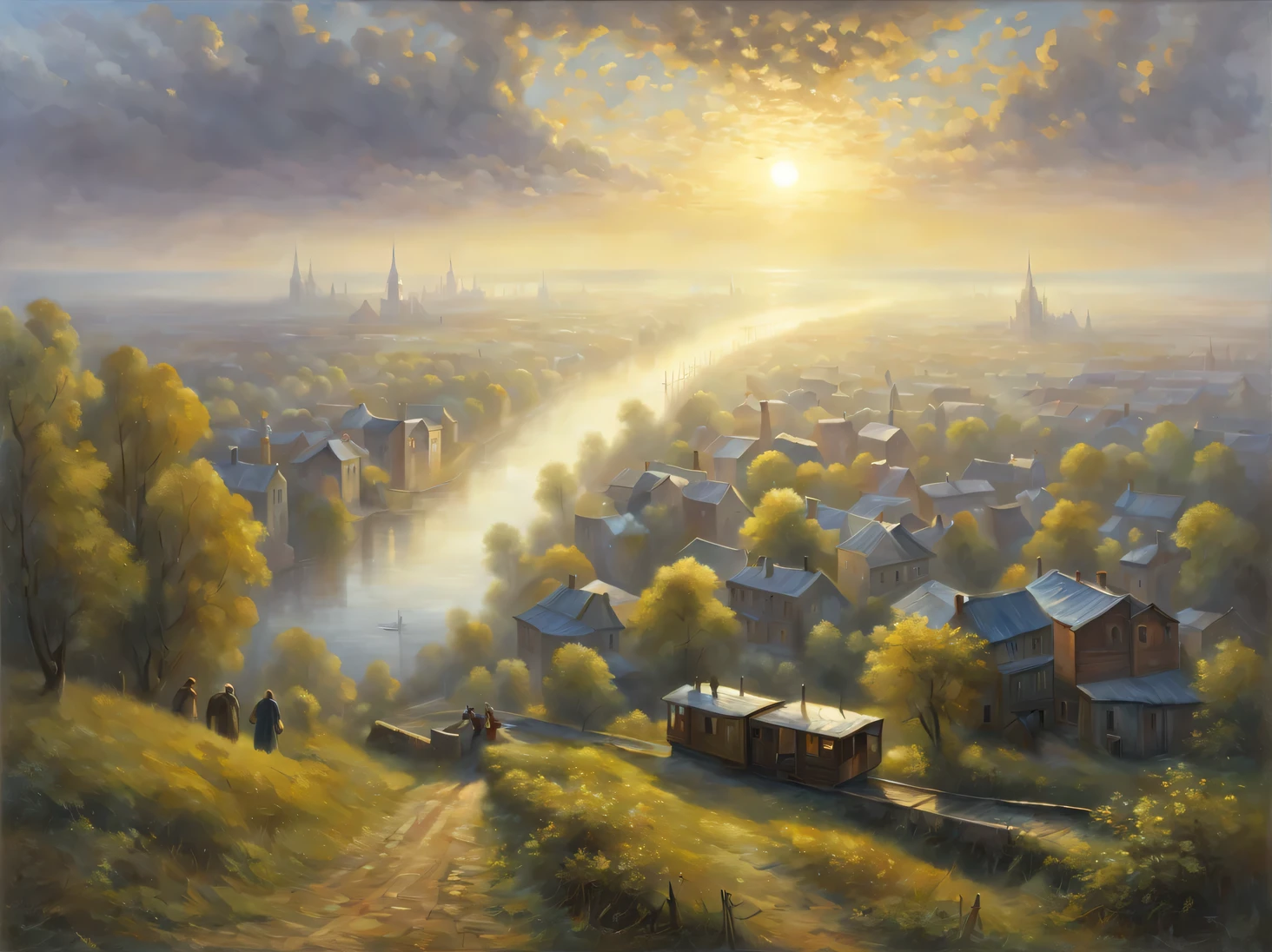 oil painting on canvas, early morning on the outskirts of the metropolis, the sun disappears over the horizon and sends the first rays of its gentle sun to the city, dispelling light fog and darkness, Hugh Douglas Hamilton, Alexey Savrasov, Fedor Vasiliev, Rob Gonsalves, Peder Monstead