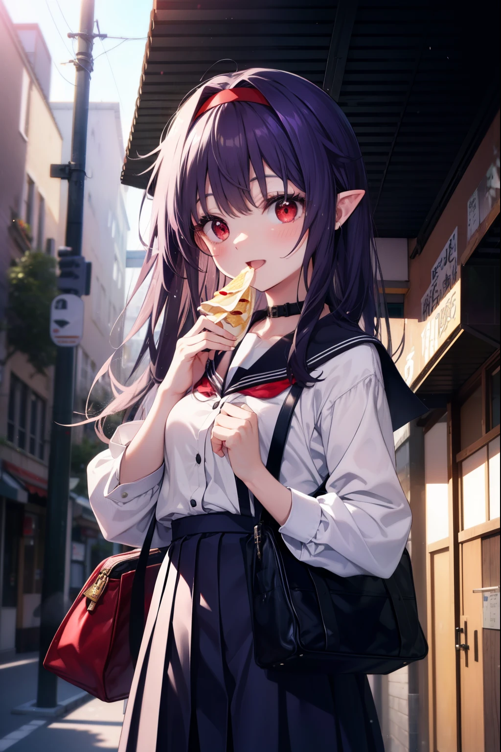 yuukikonno, Yuki Konno, hair band, long hair, pointed ears, purple hair, (red eyes:1.5), (small breasts:1.2), ,open your mouth,blush,smile,japanese high school girl uniform(black sailor suit),black pleated skirt,white pantyhose,brown loafers,Student bag slung over his shoulder,A woman walking around eating crepes wrapped in paper,Girl eating crepe wrapped in paper,On the way home from school,Upper body, whole body,peek from below,
break outdoors, In town,building street,
break (masterpiece:1.2), highest quality, High resolution, unity 8k wallpaper, (figure:0.8), (detailed and beautiful eyes:1.6), highly detailed face, perfect lighting, Very detailed CG, (perfect hands, perfect anatomy),