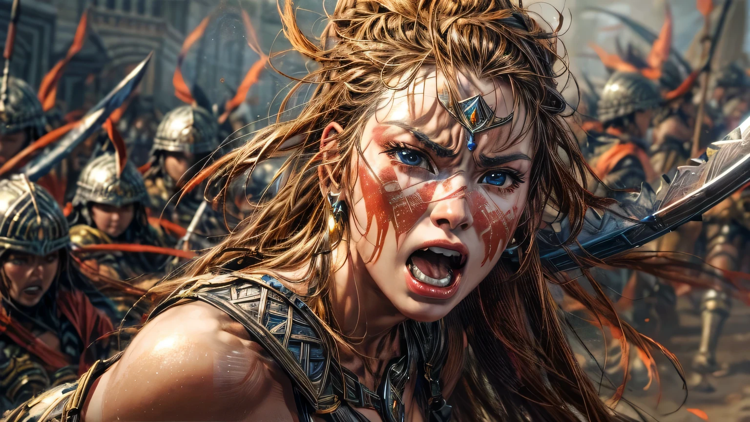 4K, (초고fury질), ((very delicate face)), ((Central background across the center of the battlefield)) they are at war. They fight facing each other from the left and right sides..., The female warrior is on the left., The Southern Warrior is on the right,knife, axe, shield, Amazon Female Warrior, viking male warrior, ((So many people are fighting.)), ((very delicate)) Female warriors wear thin, bikini-style armor.., ((very realistic expression)) Male warriors wore armor with exposed muscles.., Yelling, fury, wind,