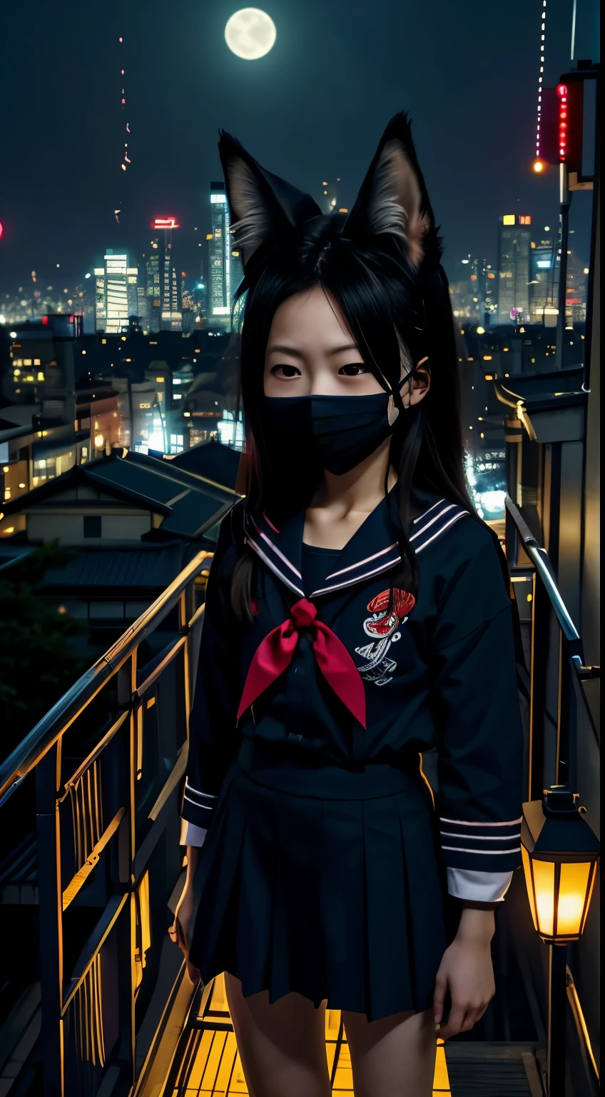 (tmasterpiece:1.2),best qualtiy,realisticlying, Night city,youkai,skeleton, fox, A lot of schoolgirls, a sailor suit, Large crowds, matrix, Hyakki Night Line, A Japanese style, mask