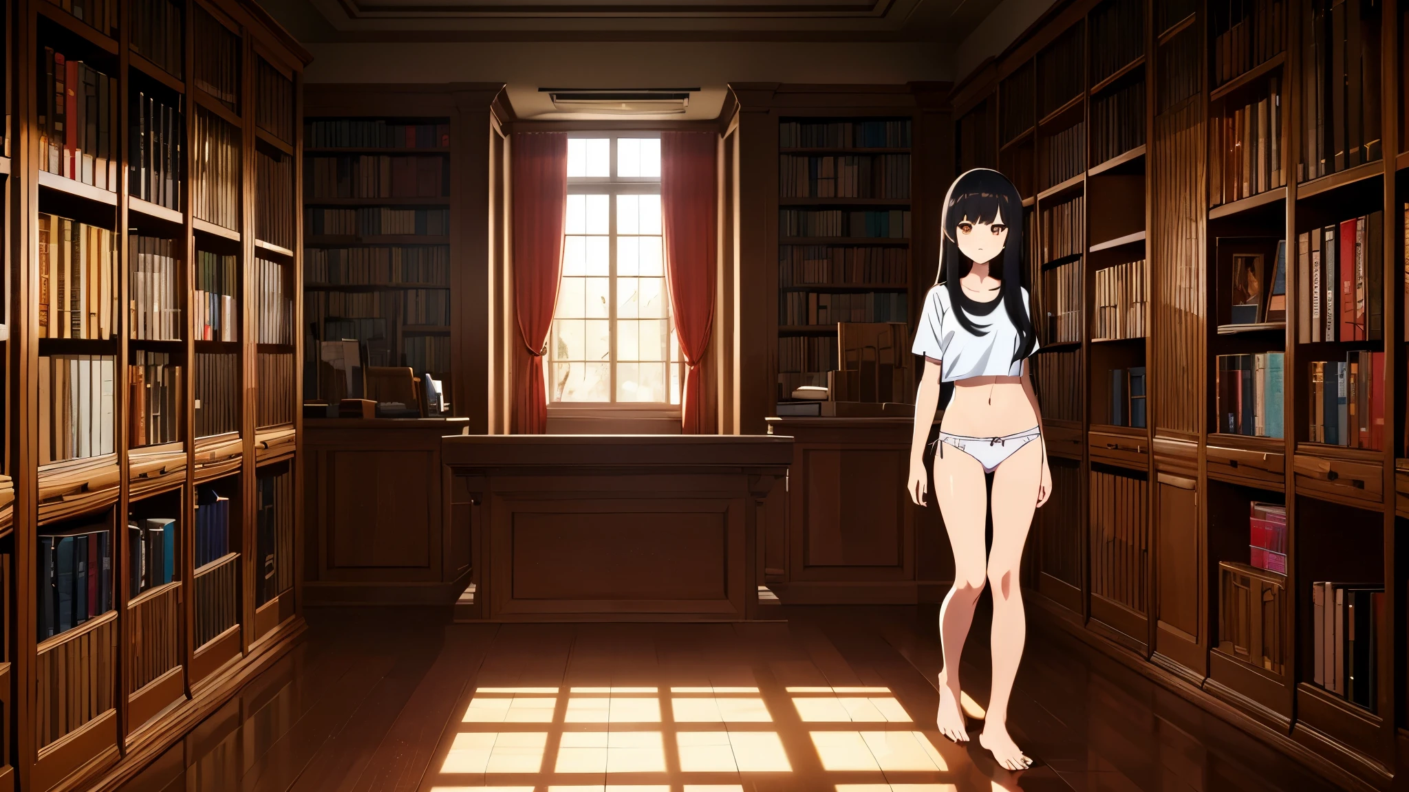 anime girl, 18 years old, long black hair, small breasts, short white t-shirt, bare midriff, white panties, bare feet, library, bookcases, standing, dramatic lighting, Rembrandt lighting, cinematic lighting, evening, nighttime