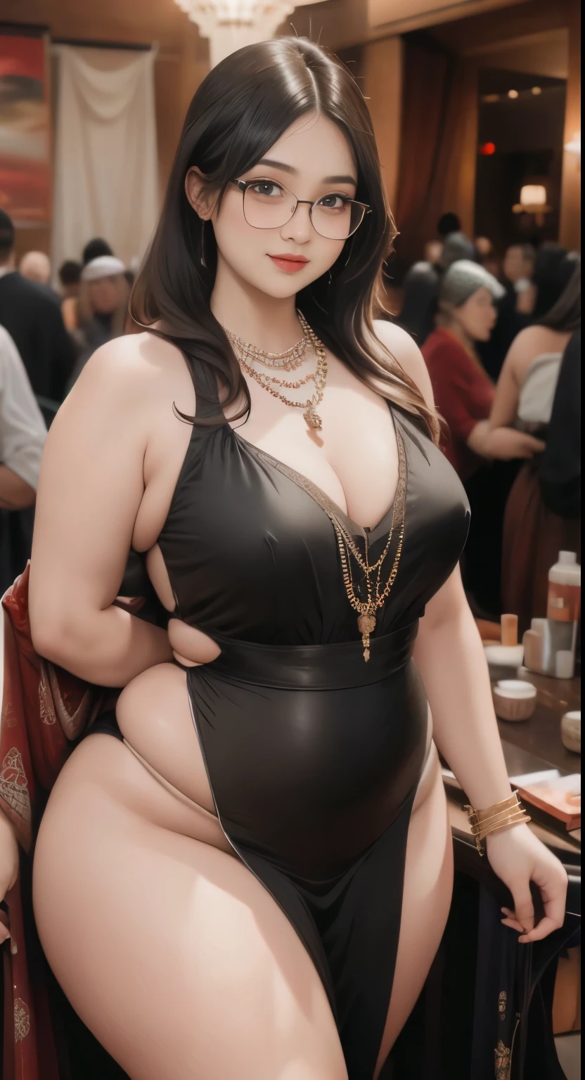 there is a woman in a black polite formal clothes posing for a picture, beautiful thick female, thicc, wide hips, thick thighs, alluring plus sized model, rubenesque, thick legs, large thighs, plus size woman, widest hips, thick body, thick, curvy hourglass figure, curvy model, arabian-Indonesia-japanese goddess , beautiful curvy female, slightly fat arms , wearing 5 bracelet, wearing 3 diamond necklace , glasses 