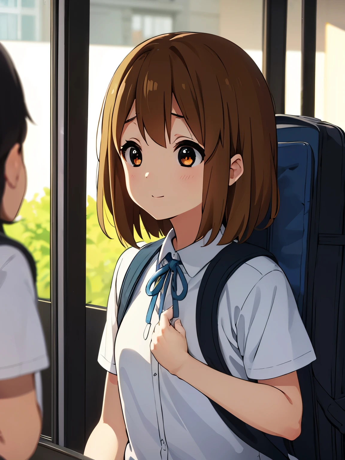 1girl, (((masterpiece))), top-quality, top-quality, High Details, hirasawa yui, 1girl, Sakuragaoka High School Uniform, student clothes, two-yellow hairpin, short hair, A brown-haired, brown-eyed, 独奏, reddish, thin blue ribbon, Solid white buttoned shirt under blazer, sitting on a bus seat, holding a school backpack, illustratio, comic strip, soothing tones, Subdued Color, Soft cinematic light, adobe lightroom, photolab, HDR, intricately and hyper-detailed、(((depth of fields))))。(((masterpiece)))。(((top-quality))).)((ultra-detailliert)))。(((illustratio)))。(((takeout))).dynamic focus.big breasts.(((bus))).(((A bus))).(((Face of asleep))). smile mouth.(((put hands on the school backpack))).(((up chest))).((night glow)).