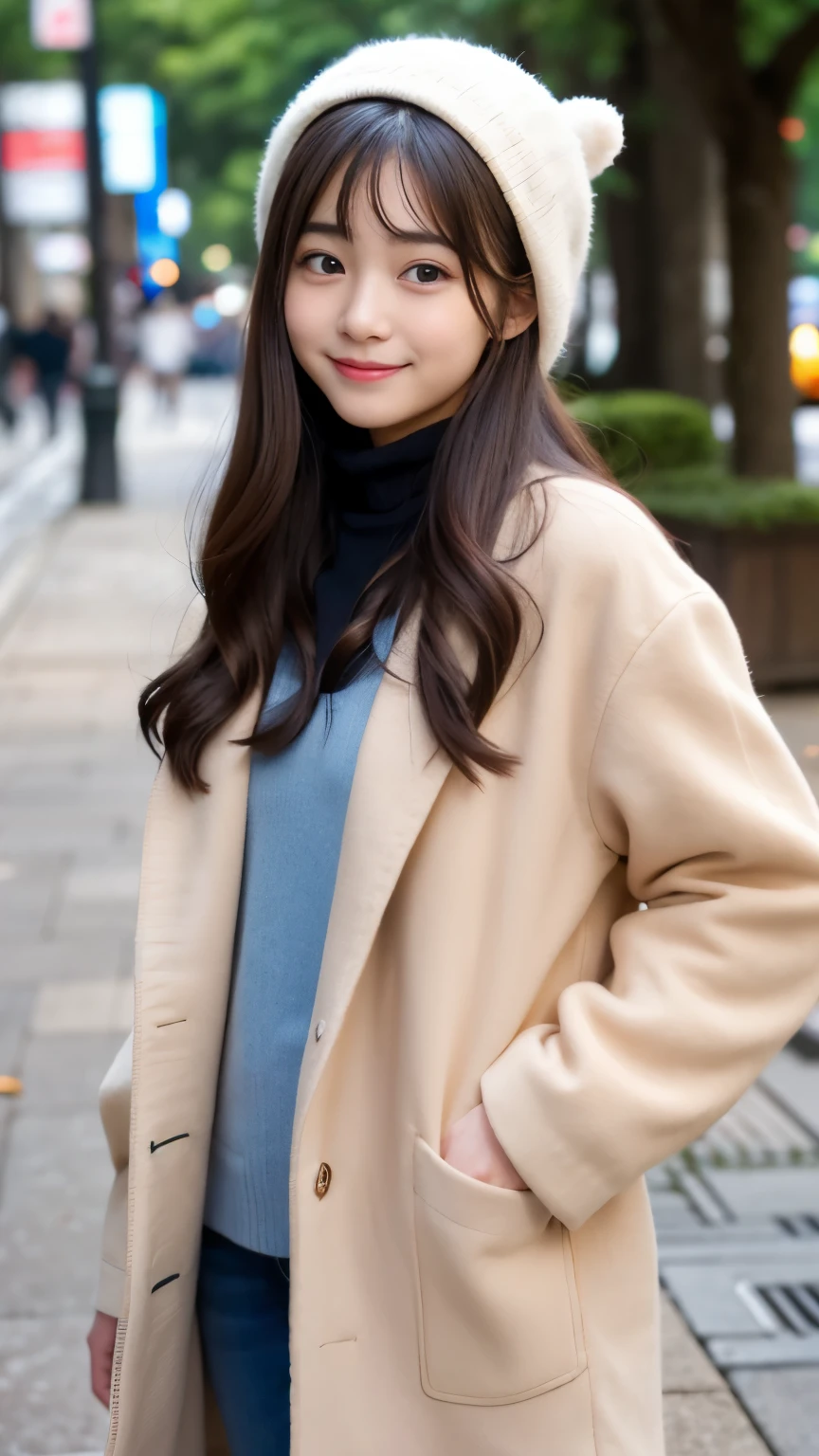 Best-quality, Masterpiece, Ultra-High-Resolution, (Photorealistic:1.4), Raw-Photo, 1girl, the most famous Japanese idol, 15-years-old, wearing winter-coat, hands on hip, innocent-smile, extremely beautiful skins, extremely beautiful big-eyes, extremely beautiful hair, extremely cute face like the most popular Japanese idol, extremely beautiful long-eyelashes, extremely beautiful lips