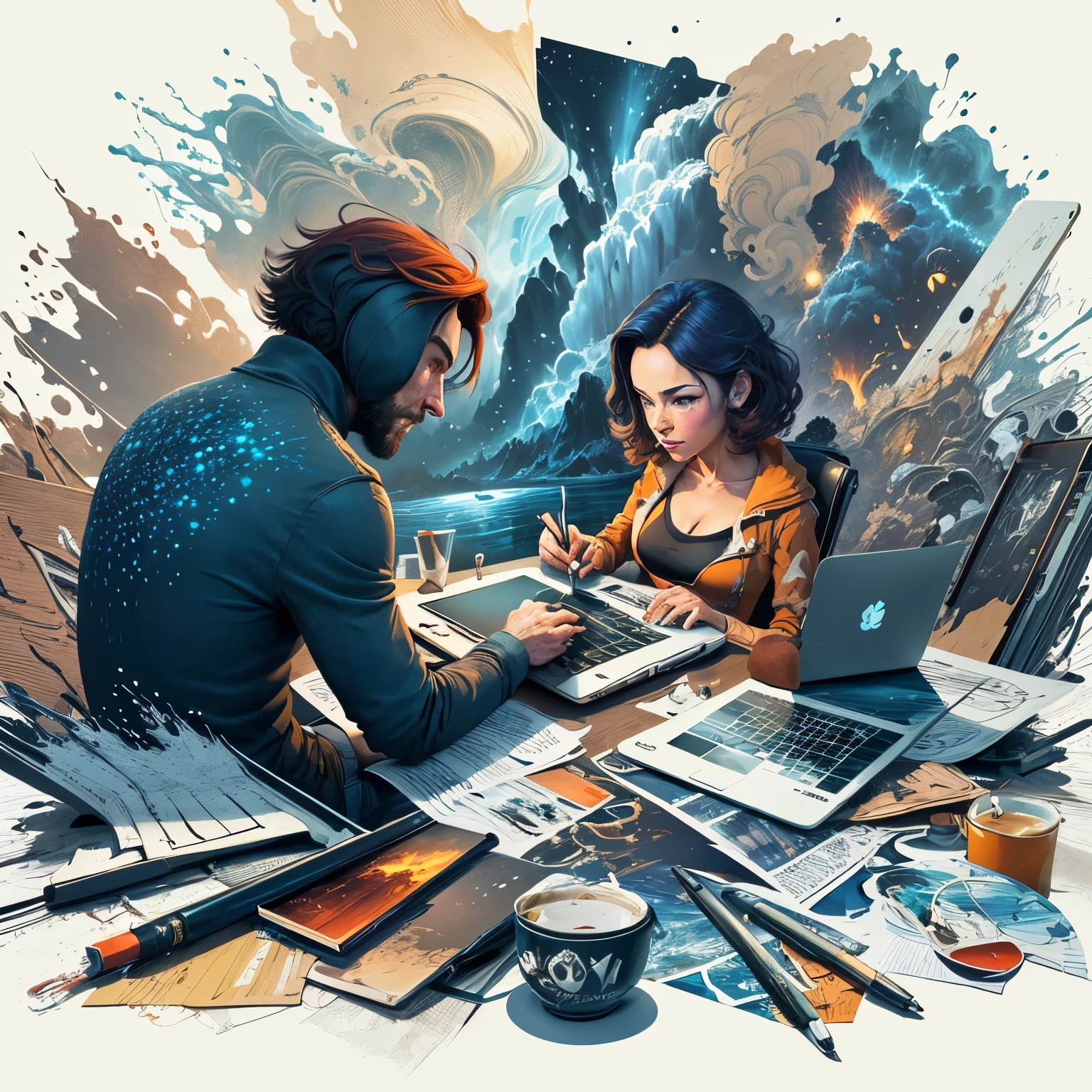 there is a man sitting at a table with a laptop and various objects, in digital illustration style, elaborar arte digital, cyril rolando y m. w kalut, cyril rolando y m.w kalut, pintura digital intrincada, arte ilustrador de adobe, gran arte digital con detalles, arte digital muy detallado, estilo de arte digital, en el estilo de la obra de dan mumford
