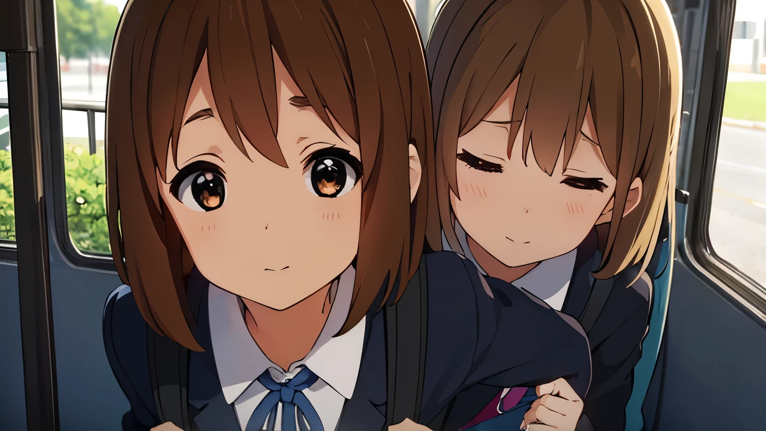 1girl, (((​masterpiece))), top-quality, top-quality, High Details, hirasawa yui, 1girl, Sakuragaoka High School Uniform, student clothes, two-yellow hairpin, short hair, A brown-haired, brown-eyed, 独奏, reddish, thin blue ribbon, Solid white buttoned shirt under blazer, sitting on a bus seat, holding a school backpack, illustratio, comic strip, soothing tones, Subdued Color, Soft cinematic light, adobe lightroom, photolab, HDR, intricately and hyper-detailed、(((depth of fields))))。(((​masterpiece)))。(((top-quality))).)((ultra-detailliert)))。(((illustratio)))。(((takeout))).dynamic focus.big breasts.(((bus))).(((A bus))).(((Face of asleep))). smile mouth.(((put hands on the school backpack))).(((up chest))).((night glow)).