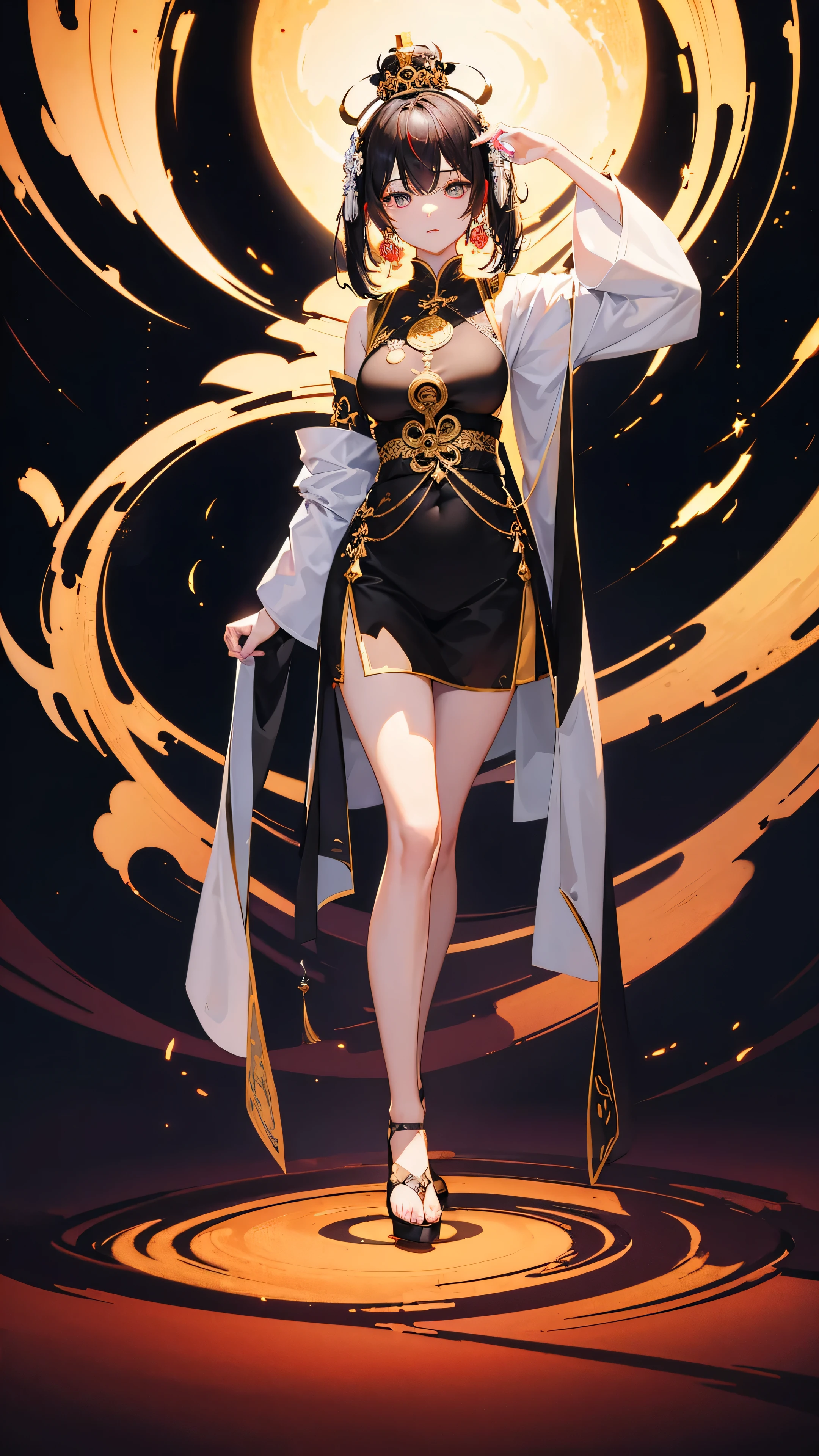 <(1000 Buda Palm and Dao Ying and yang background), woman, white short hair, crown in head, HD lighting and dark )<=(epic image quality)dark atmosphere with bright particle light(many effects in background)