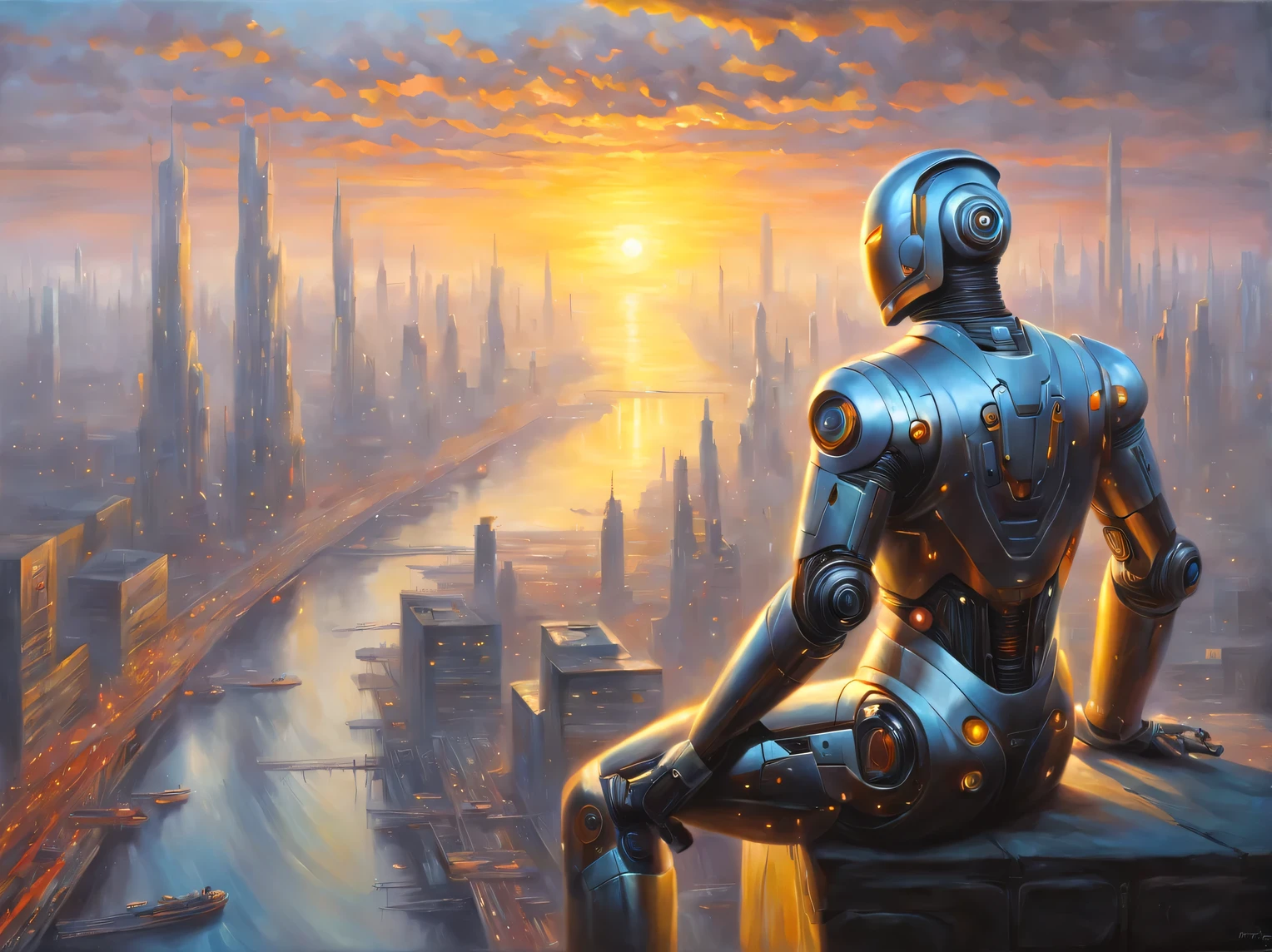 oil painting on canvas, early morning in the cyber world, the sun leaves the horizon and sends the first rays of its gentle sun to the cyber city, diffuse light, cyber fog and neon darkness, cyberpunk, Cyberstyle, Hugh Douglas Hamilton, Alexey Savrasov, Fedor Vasiliev, Rob Gonsalves, Peder Monstead