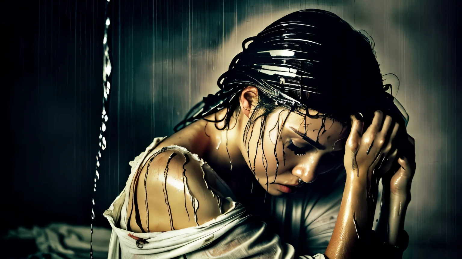 best image quality, masterpiece, ultra high resolution, (fidelity :1.4), photograph, 1 girl,[(sorrow)],white shirt, 薄dark, dark, Desperate, pity, pitiful, cinematic,tear,teardrop,(torn clothes:1.5), (wet clothes:1.4), bare shoulders,real rain,wet hair,..