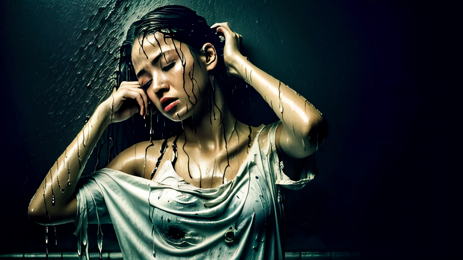 best image quality, masterpiece, ultra high resolution, (fidelity :1.4), photograph, 1 girl,[(sorrow)],white shirt, 薄dark, dark, Desperate, pity, pitiful, cinematic,tear,teardrop,(torn clothes:1.5), (wet clothes:1.4), bare shoulders,real rain,wet hair,..