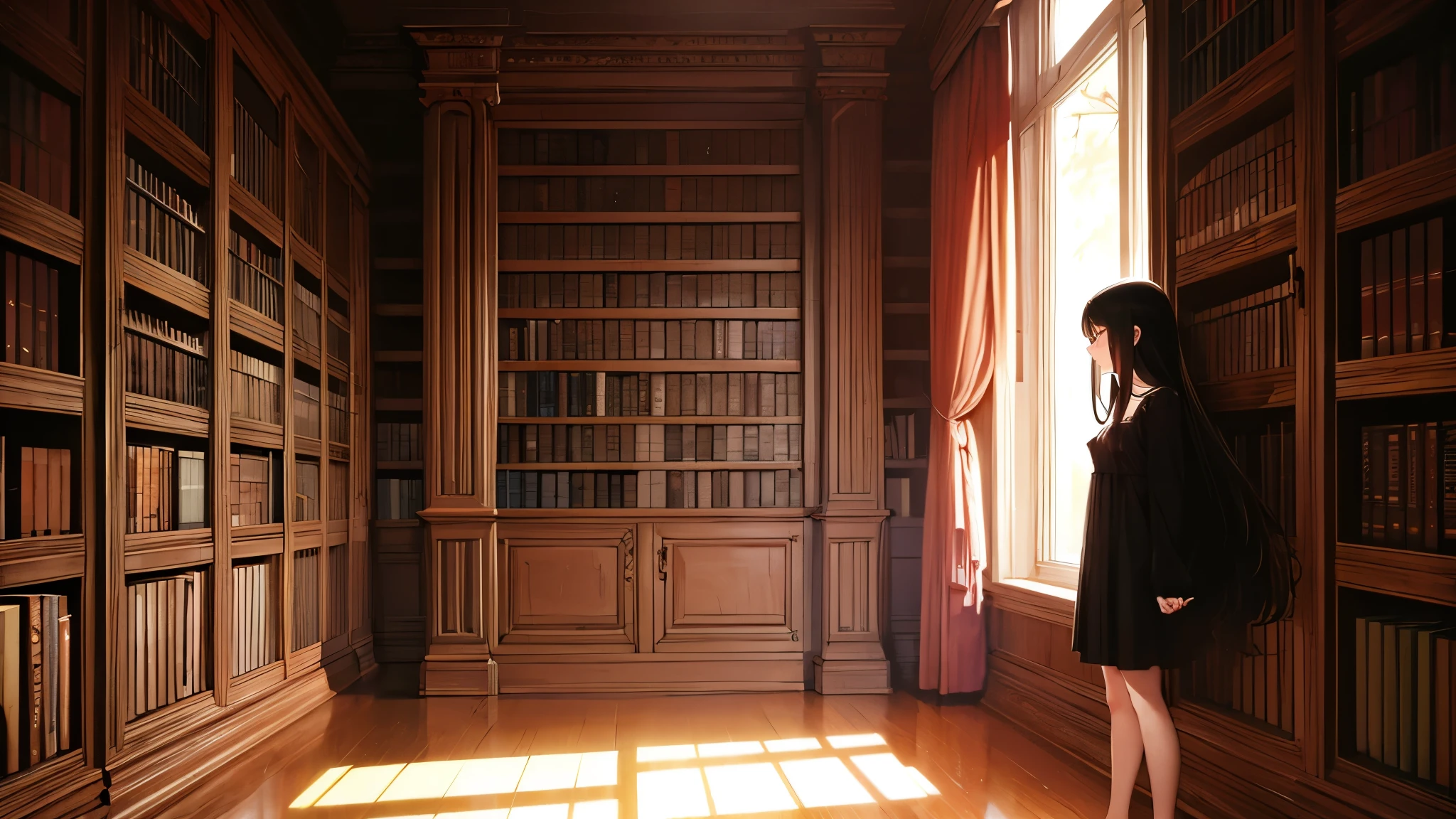 anime girl, 18 years old, long black hair, small breasts, black teddy-bear nightie, bare feet, library, bookcases,  standing,  dramatic lighting, Rembrandt lighting, cinematic lighting, evening, nighttime