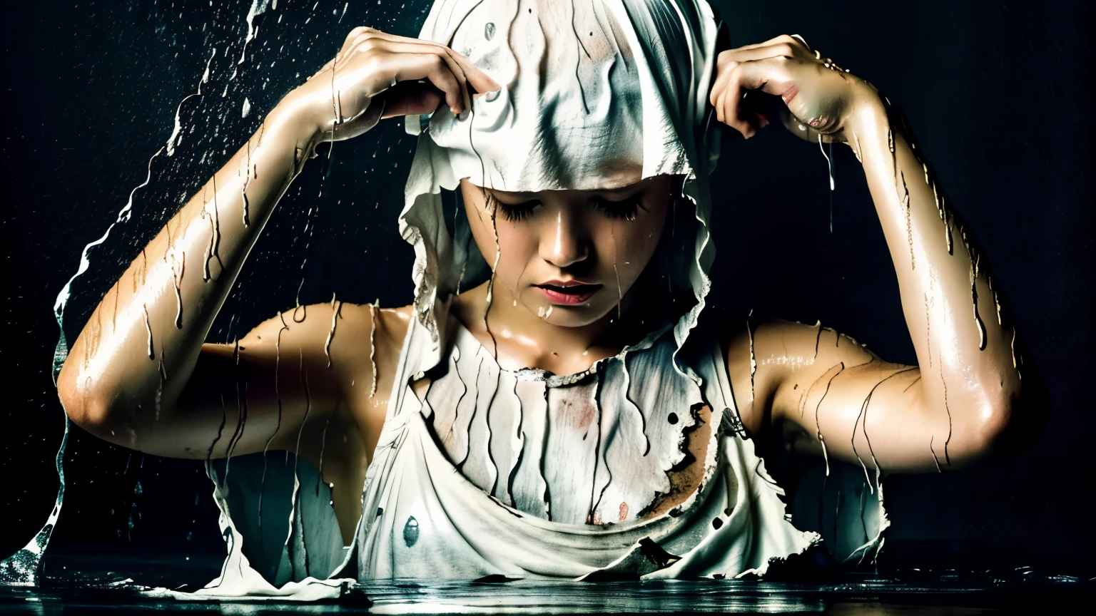 best image quality, masterpiece, ultra high resolution, (fidelity :1.4), photograph, 1 girl,[(sorrow)],white shirt, 薄dark, dark, Desperate, pity, pitiful, cinematic,tear,teardrop,(torn clothes:1.5), (wet clothes:1.4), bare shoulders,real rain,wet hair,..