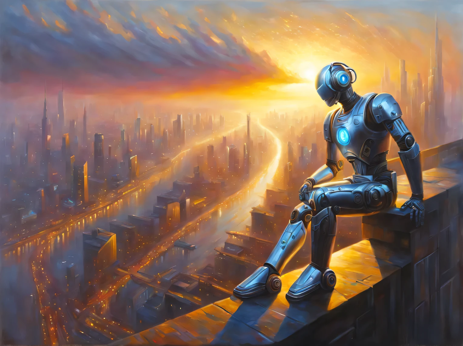 oil painting on canvas, early morning in the cyber world, the sun leaves the horizon and sends the first rays of its gentle sun to the cyber city, diffuse light, cyber fog and neon darkness, cyberpunk, Cyberstyle, Hugh Douglas Hamilton, Alexey Savrasov, Fedor Vasiliev, Rob Gonsalves, Peder Monstead