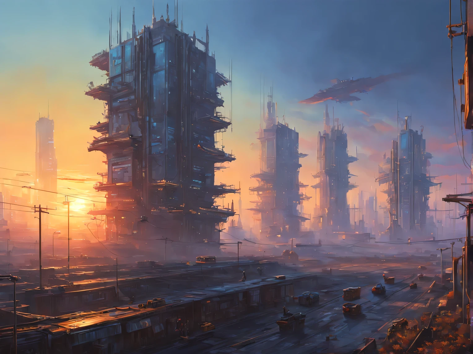 oil painting on canvas, early morning in the cyber world, the sun leaves the horizon and sends the first rays of its gentle sun to the cyber city, diffuse light, cyber fog and neon darkness, cyberpunk, Cyberstyle, Hugh Douglas Hamilton, Alexey Savrasov, Fedor Vasiliev, Rob Gonsalves, Peder Monstead