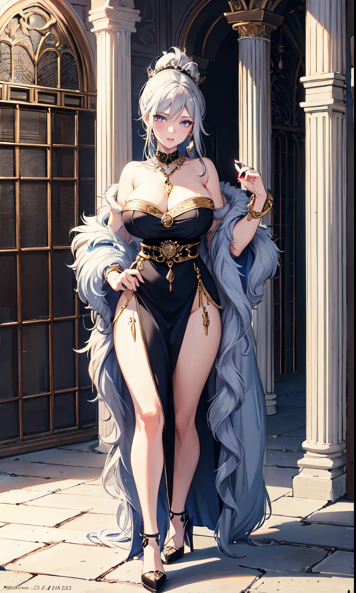 Noble Mansion,(gray hair：2.0),Slender high ponytail,gold headband,Standing close-up,dream world,Mature lady,(Slender blue phoenix eyes,lipstick,long eyelashes),long eyelashes,Contact lenses,gemstone gold necklace,(Off-shoulder blue fur dress,fur tube top,fur strapless,wide cuffs,Long skirt,belt：2.0),fur tube top(big breast)ballroom background,(soft light and shadow：1.9),fur high heels,plush high heels,Detailedly drawn backgrounds