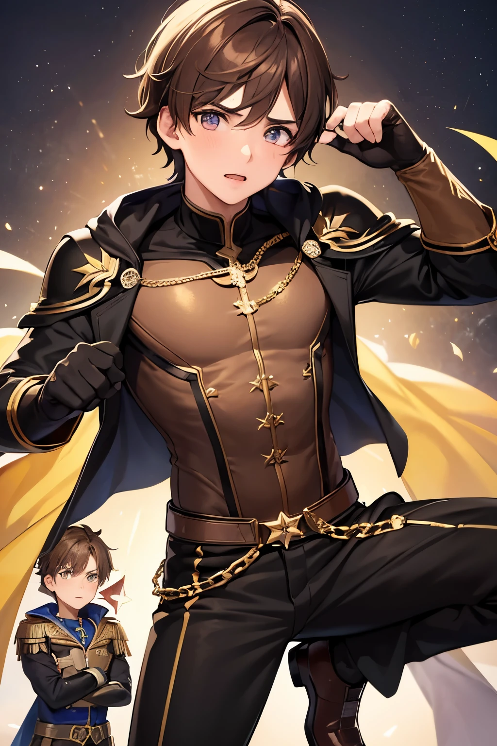 1boys, Brown hair, cara seria, musculoso, traje de superheroe negro, estrella en el pecho, cadenas doradas, guantes, pose pelea,