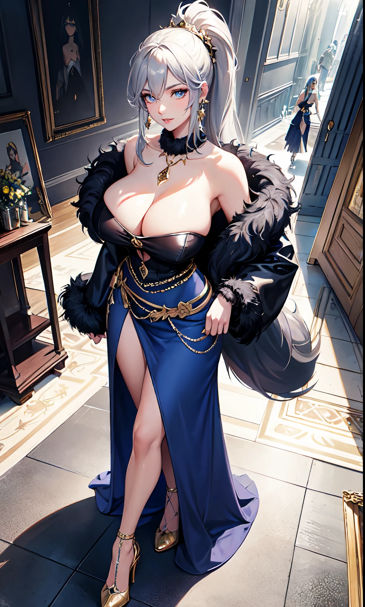 Noble Mansion,(gray hair:2.0),Slender high straight ponytail,gold headband,Standing close-up,dream world,Mature lady,(Slender blue phoenix eyes,lipstick,long eyelashes),long eyelashes,Contact lenses,gemstone gold necklace,(Off-shoulder blue fur dress,fur tube top,fur strapless,wide cuffs,Long skirt,belt:2.0),fur tube top(big breast)ballroom background,(soft light and shadow:1.9),fur high heels,plush high heels,Detailedly drawn backgrounds