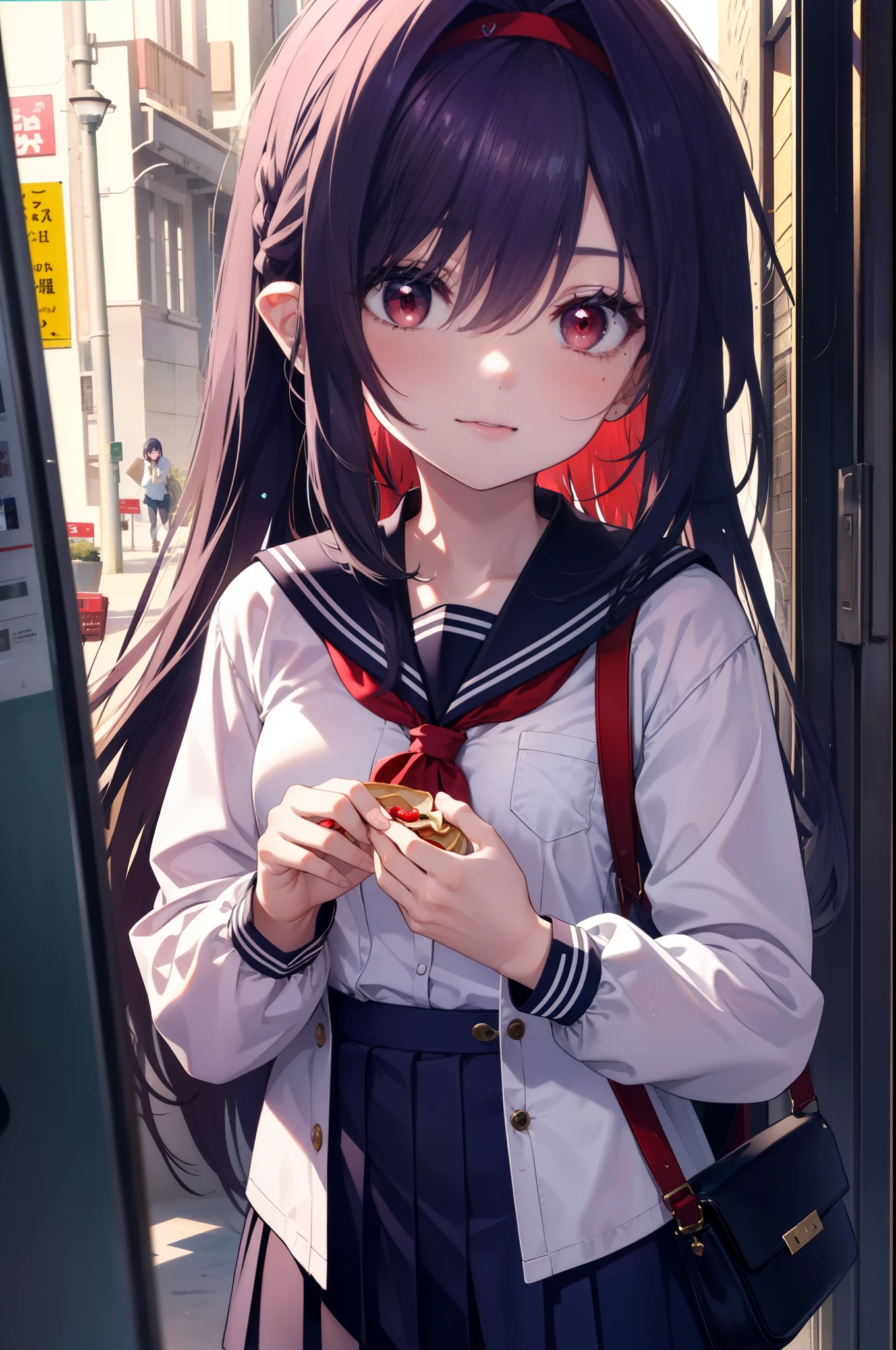 yuukikonno, Yuki Konno, hair band, long hair, pointed ears, purple hair, (red eyes:1.5), (small breasts:1.2), ,open your mouth,blush,smile,japanese high school girl uniform(black sailor suit),black pleated skirt,white pantyhose,brown loafers,Student bag slung over his shoulder,A woman walking around eating crepes wrapped in paper,Girl eating crepe wrapped in paper,On the way home from school,Upper body, whole body,looking down from above,
break outdoors, In town,building street,
break (masterpiece:1.2), highest quality, High resolution, unity 8k wallpaper, (figure:0.8), (detailed and beautiful eyes:1.6), highly detailed face, perfect lighting, Very detailed CG, (perfect hands, perfect anatomy),