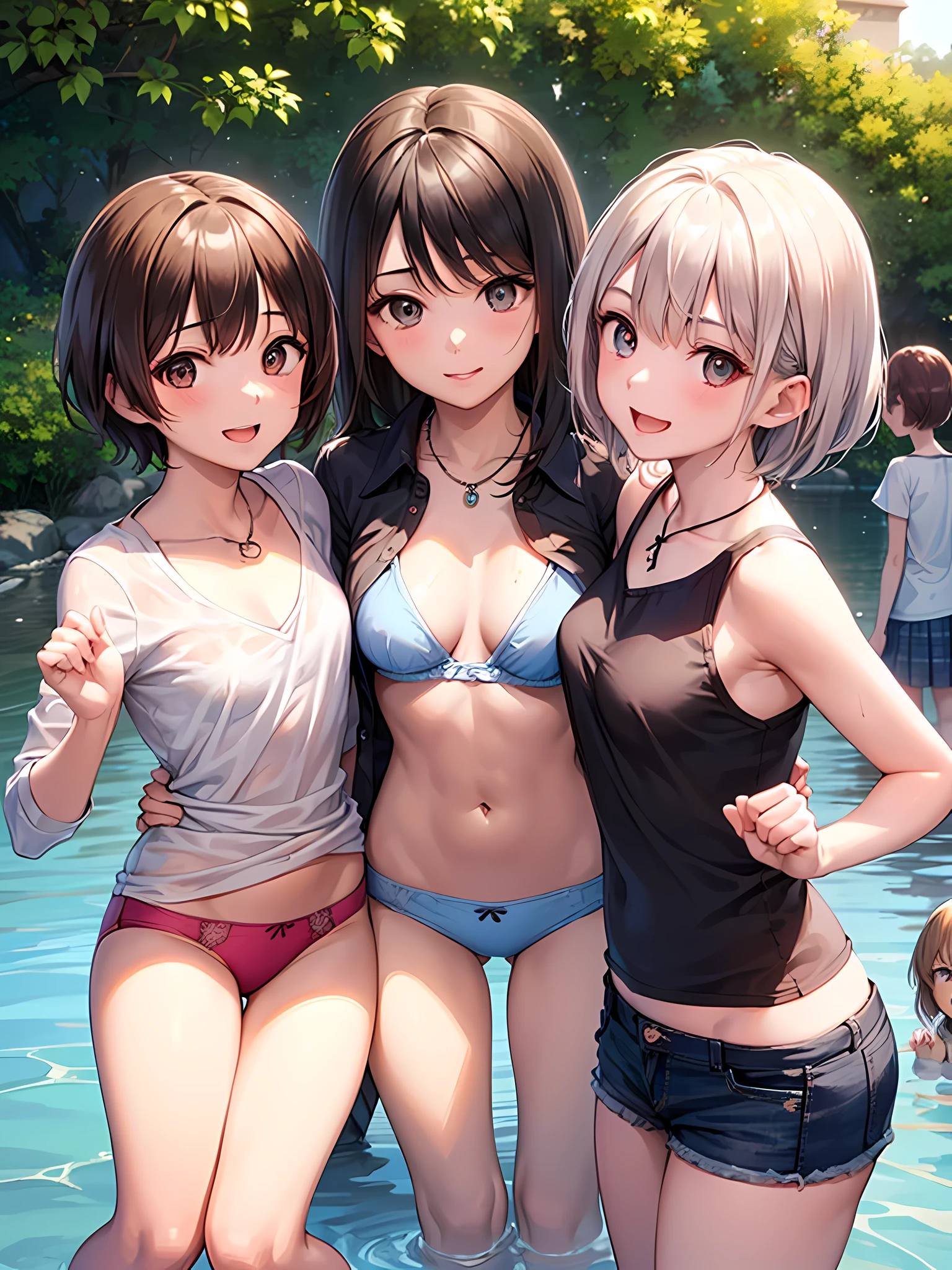 ((highest quality)), ((masterpiece)), (Cute baby girl), (3 girls:1.8), cute three girls are posing for a camera outdoors in the water, shirtをつかむ, Stand in line, (Close-up shot from the knee:1.3), perfect face, smile, (open your mouth and smile:1.3), embarrassed look, (precise fingers:1.3), hair band, head band, hair bobble, blouse, shirt, I can see your underwear, (pastel colored underwear), high resolution eyes, accurate eyes, (high resolution eyes:1.8), (High definition finger 1.8), light smile, small chest, chest, realistic, 4-year-old, 5 years old, 6 years old, 7 years old, knee socks, short skirt, Asian, Westerners, silver hair, brown hair, blonde, belly button, jewelry, looking at the viewer, necklace, water, , Wet, long hair, short hair, abs,