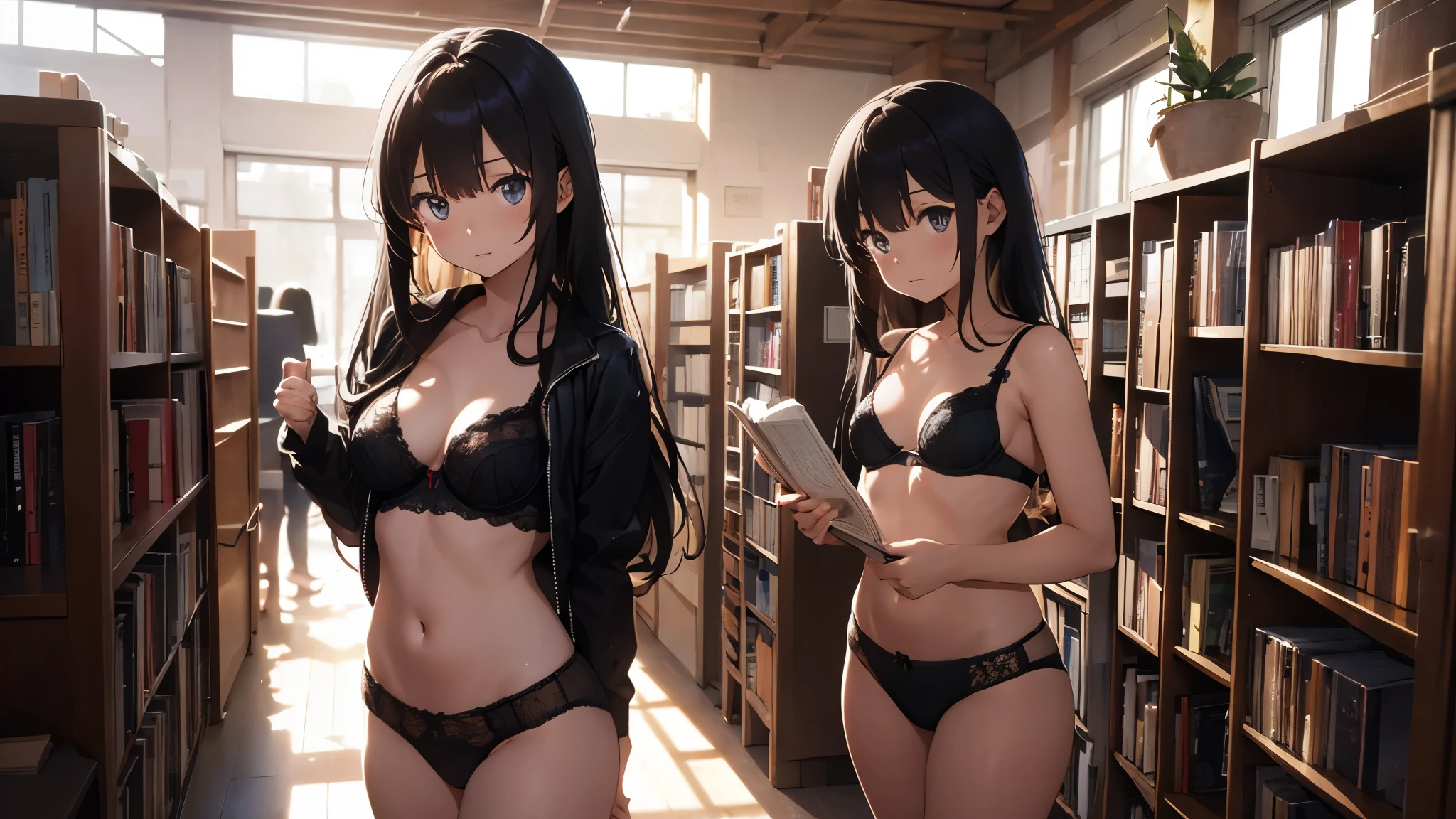 anime girl, 18 years old, long black hair, small breasts, black bra, black panties, bare feet, library, bookcases,  standing,  dramatic lighting, Rembrandt lighting, cinematic lighting, evening, nighttime