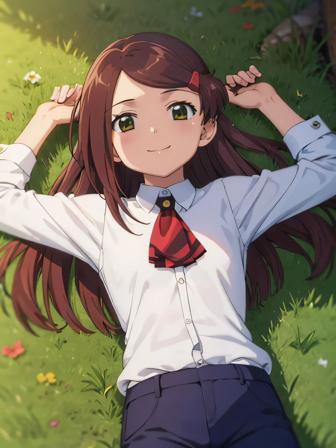 solo, 1girl, looking at viewer, flat colors, 2D, anime, anime coloring, closed mouth, solo, cowboy shot, lying, on back, on grass, spread arms, shy smile, arms up, ako suminoe, ascot, school uniform, smile, looking at viewer, blue pants,