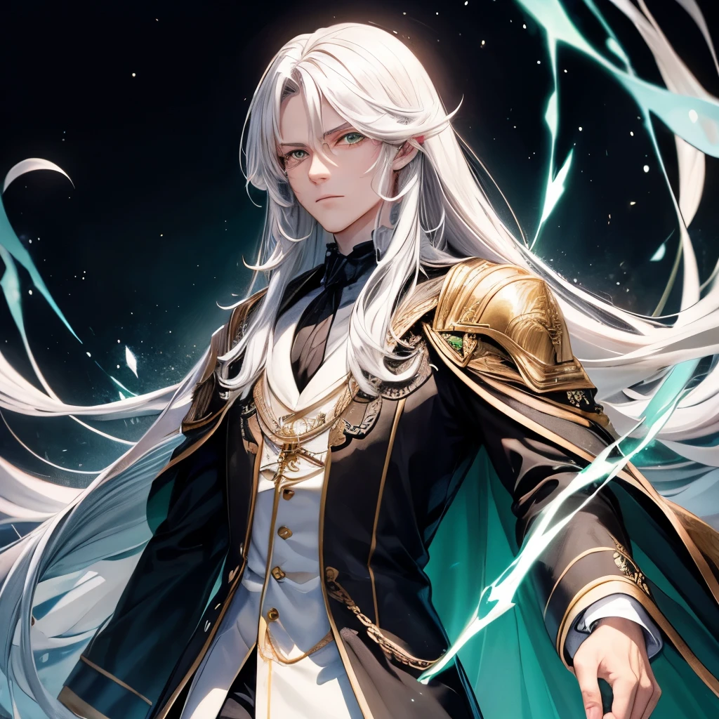 Man, white long hair, green eyes, black suit, mage, fantasy
