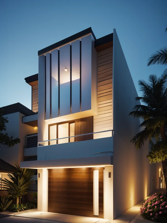Ultra-realistic 8k, hd image quality, sharp detail, 2-story modern house, main materials: white walls, wooden ceiling accents, large glass windows, roads, cars, sidewalks, American Palm trees high, has a small alley, located in a residential area, modern style, shimmering sky, sunset light, feels peaceful, beautiful, close and warm, ((Warm light from indoor:1.3)), (daylight:1.2), perfect lighting,dynamic light,2 large glass doors,((1 large glass window:1.3)), (night light), (colorful flowers in front of the house)