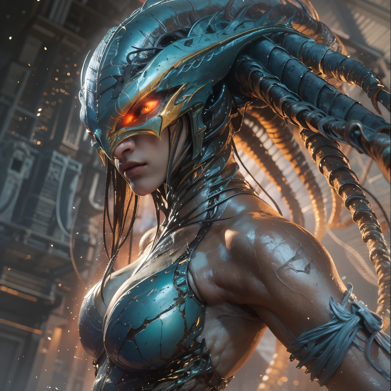 1 female alien, The predator, warrior, (extremely beautiful:1.2), (intense gaze:1.6), (predator:1.6), long dark claws, NSFW,  nipples, thick eyebrows, glowing and shining orange eyes, the most beautiful face in the universe, blue hair,
A woman with an extremely beautiful face, her intense gaze fixed on her prey, a primal force that could not be denied.

(extreamly beautiful lean body:1.5), (ultra muscular build:1.2), (prowling:1.3), (sleek movements:1.4),

Her beautiful body, muscular and toned, moved with sleek grace as she prowled, ready to strike at a moment's notice. The predator within her was always on