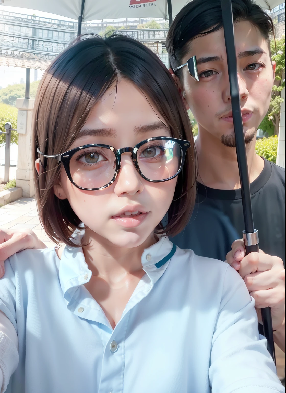 there is a woman and a man standing under an umbrella, in love selfie, with short hair, couple, selfie photography, with stubbornface because of angry to her boy friend, selfie photo, selfie, with sunglass, selfie!!!!!, with glasses, potrait, selfie shot straight on angle, scandy and arender, !, 1girl, mature, red hair, red eyes, a little small breasts, girl is wearing a light blue shirt and boy is wearing light grey, a couple of lovers standing together under an umbrella , simple background,