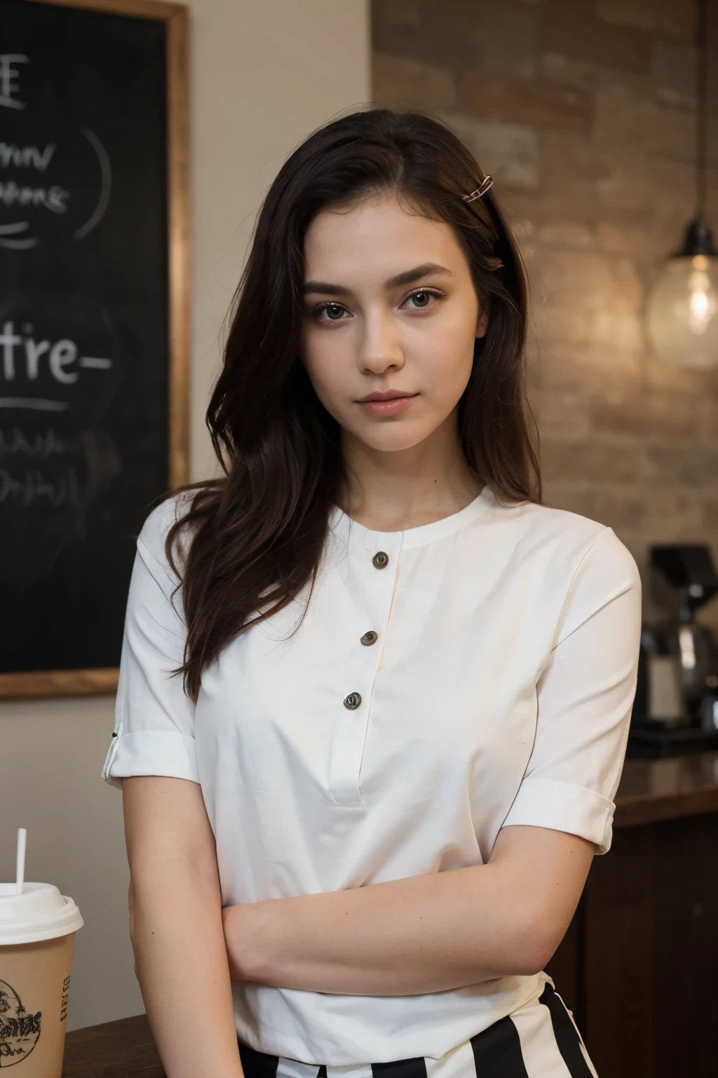 ((best quality)), ((masterpiece)), (detailed), perfect face, elegant black and white outfit, coffee shop
