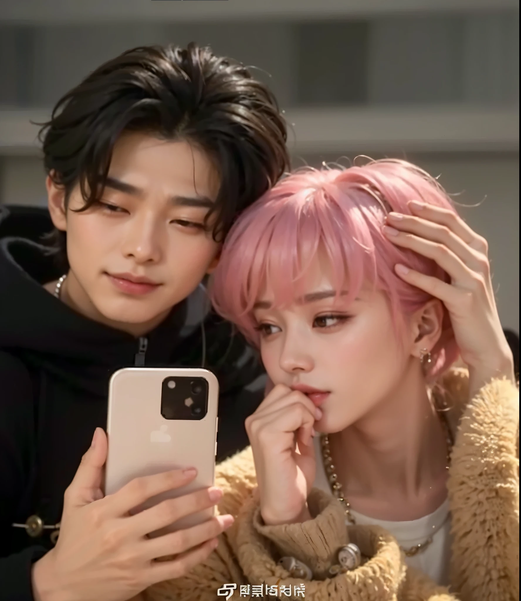 araffe and a man are looking at a cell phone, cai xukun, 😭 🤧 💔, sha xi, yanjun chengt, jia, male ulzzang, alessio albi and shin jeongho, all from the group nct, jin shan and ross tran, nixeu and sakimichan, kda and sam yang, cute boys
