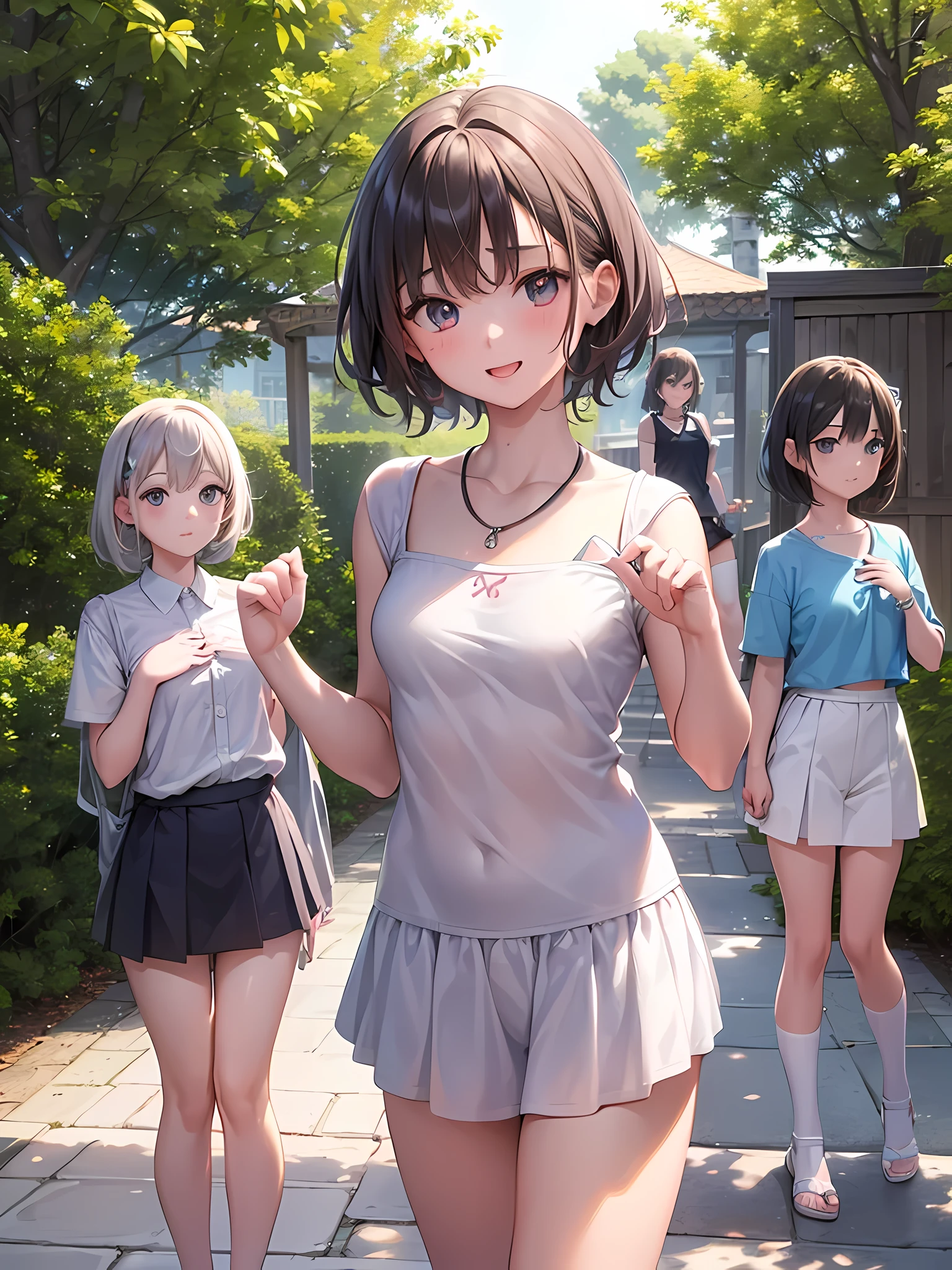 ((highest quality)), ((masterpiece)),(Noble),  (Cute baby girl), (3 girls:1.8), cute three girls are posing for a camera outdoors in the water, shirtをつかむ, Stand in line, (Close-up shot from the knee:1.3), perfect face, smile, (open your mouth and smile:1.3), embarrassed look, (precise fingers:1.3), hair band, head band, hair bobble, blouse, shirt, I can see your underwear, (pastel colored underwear), high resolution eyes, accurate eyes, (high resolution eyes:1.8), (High definition finger 1.8), light smile, small chest, chest, realistic, 5 years old, 6 years old, 7 years old, knee socks, short skirt, Asian, Westerners, silver hair, brown hair, blonde, belly button, jewelry, looking at the viewer, necklace, water, , Wet, long hair, short hair, abs,