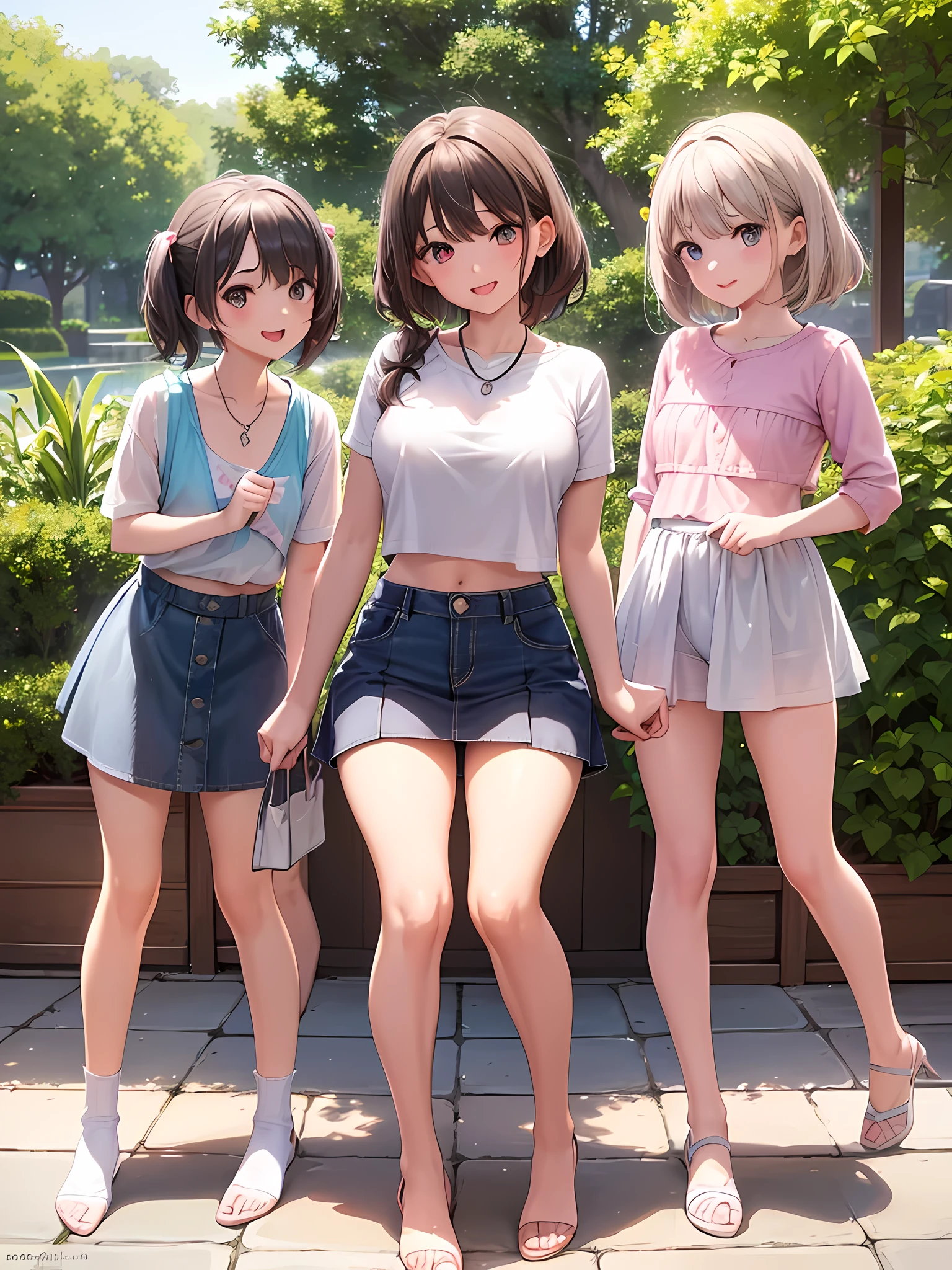 ((highest quality)), ((masterpiece)),(Noble),  (Cute baby girl), (3 girls:1.8), cute three girls are posing for a camera outdoors in the water, shirtをつかむ, Stand in line, (Close-up shot from the knee:1.3), perfect face, smile, (open your mouth and smile:1.3), embarrassed look, (precise fingers:1.3), hair band, head band, hair bobble, blouse, shirt, I can see your underwear, (pastel colored underwear), high resolution eyes, accurate eyes, (high resolution eyes:1.8), (High definition finger 1.8), light smile, small chest, chest, realistic, 5 years old, 6 years old, 7 years old, knee socks, short skirt, Asian, Westerners, silver hair, brown hair, blonde, belly button, jewelry, looking at the viewer, necklace, water, , Wet, long hair, short hair, abs,