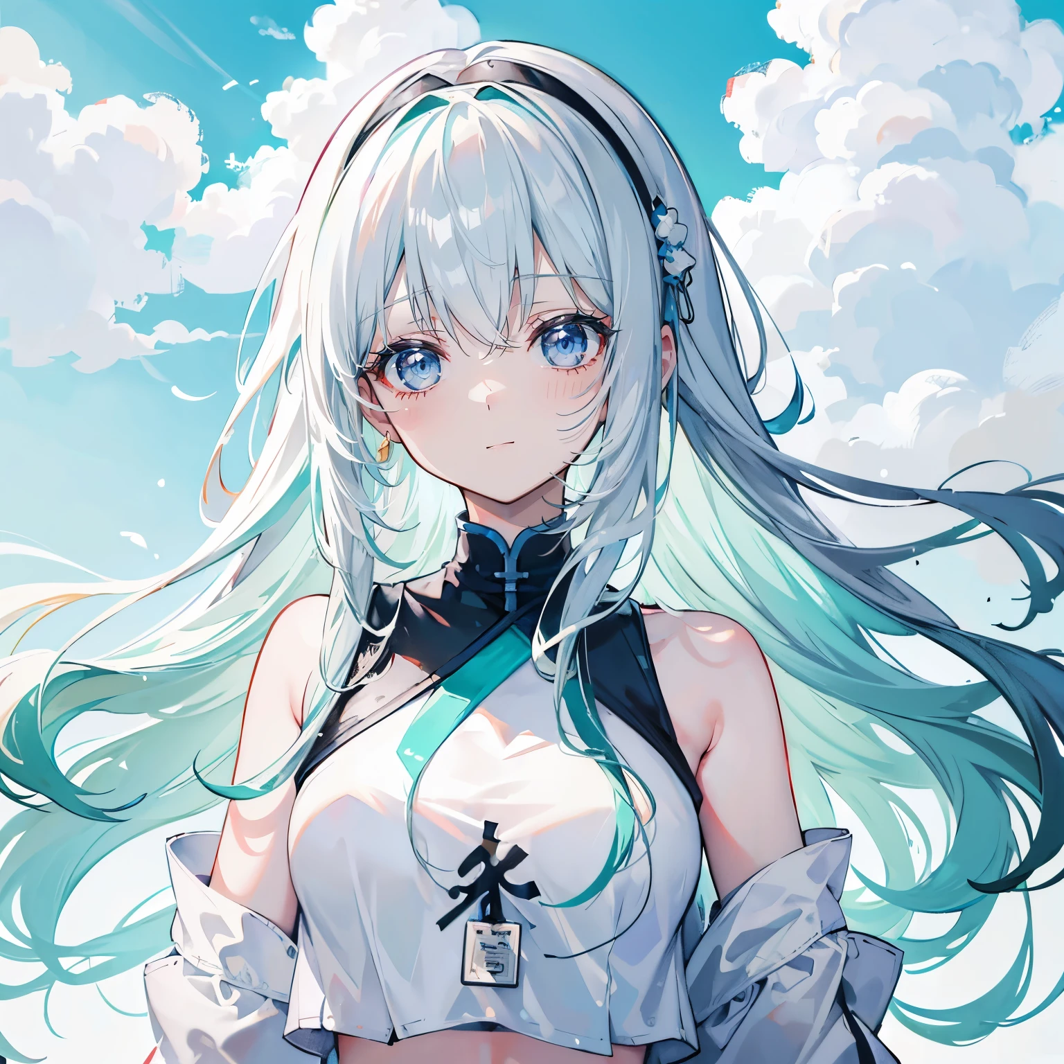 White color hair,long hair,Bangs,Bangs整齐,green hairband,gray eyes,girl,cute,white top,protrait photo,ID photo, happy happy expression,The background is blue sky and white clouds