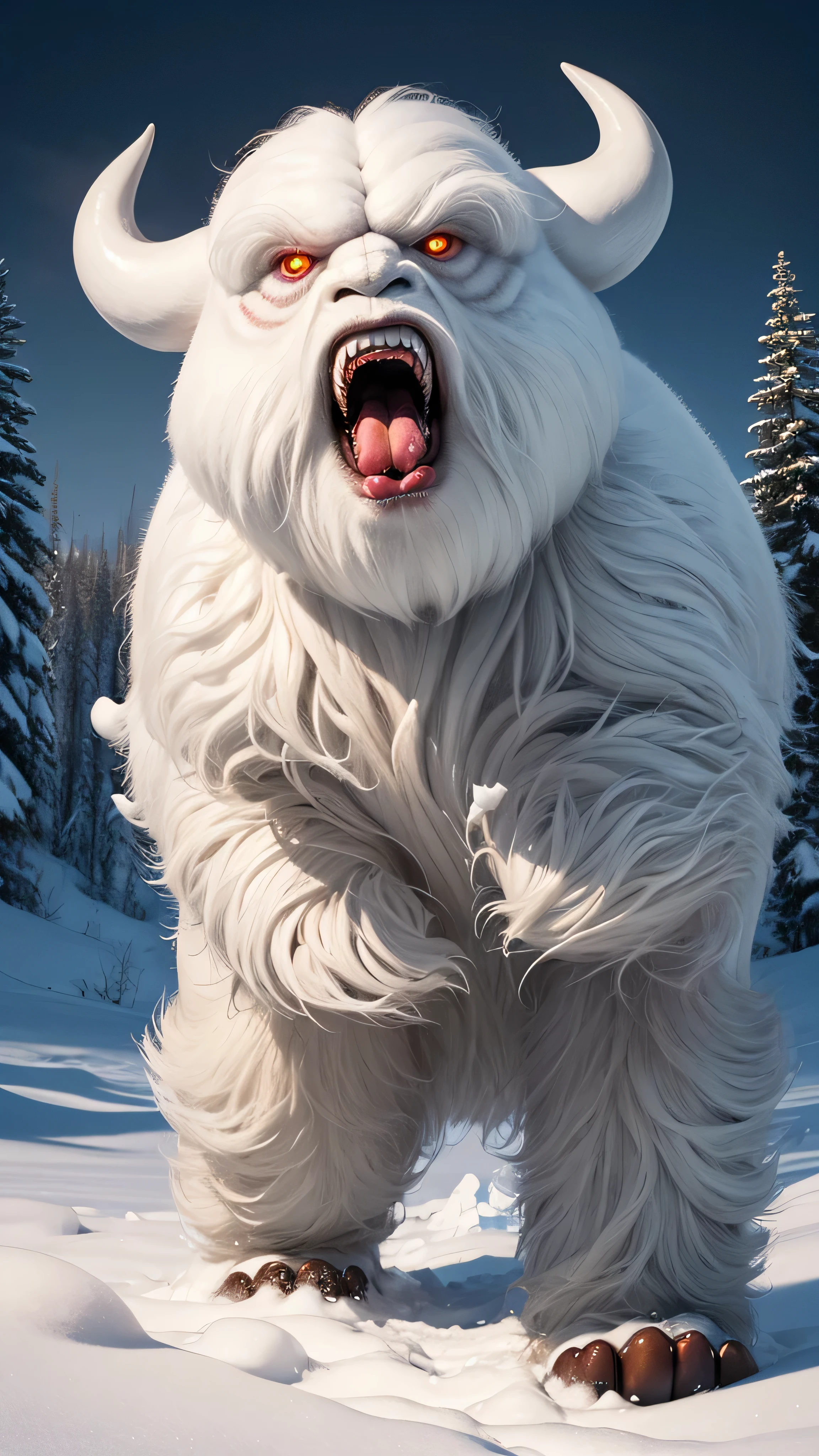 huge angry vicious wampa, teeth and tongue, dynamic running pose, hungry, photorealistic, fujifilm, glowing eyes