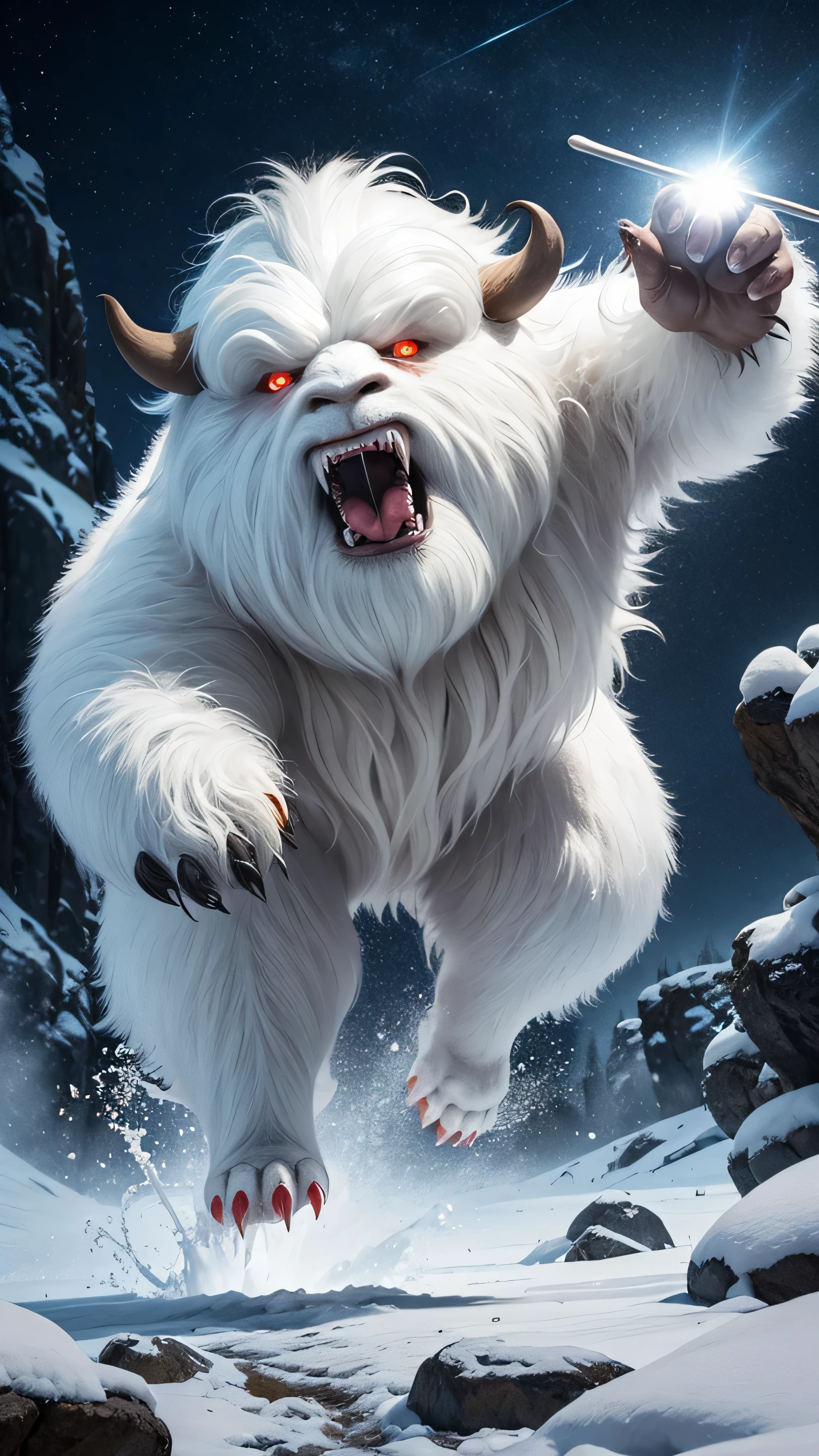 huge angry vicious wampa, teeth and tongue, dynamic running pose, hungry, photorealistic, fujifilm, glowing eyes
