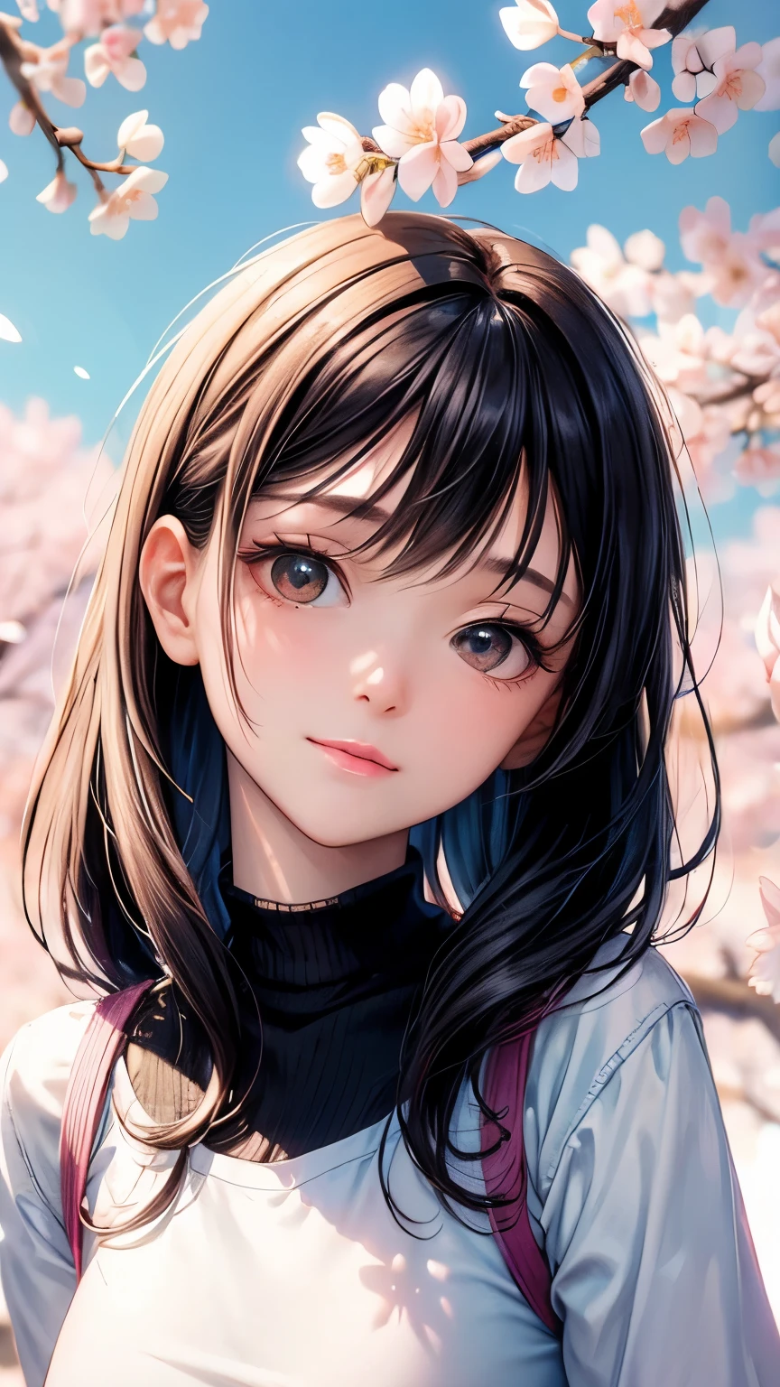 close portrait, 1girl, gradient,cherry blossom_background, hd wallpaper_background, looking_at_viewer, head tilt, slight smile, black_hair, solo by JM
