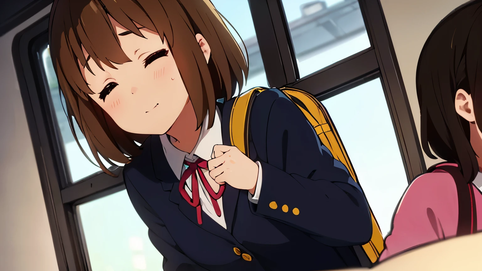 1girl, (((masterpiece))), top-quality, top-quality, High Details, Hirasawa Yui, 1girl, Sakuragaoka High School Uniform, student clothes, two-yellow hairpin, short hair, A brown-haired, brown-eyed, 独奏, reddish, thin blue ribbon, Solid white buttoned shirt under blazer, sitting on a bus seat, holding a school backpack, illustratio, comic strip, soothing tones, Subdued Color, Soft cinematic light, adobe lightroom, photolab, HDR, intricately and hyper-detailed、(((depth of fields))))。(((masterpiece)))。(((top-quality))).)((ultra-detailliert)))。(((illustratio)))。(((takeout))).dynamic focus.big breasts.(((bus))).(((A bus))).(((Face of asleep))). smile mouth, close eyes.(((put hands on the school backpack))).(((up chest))).((night glow)).