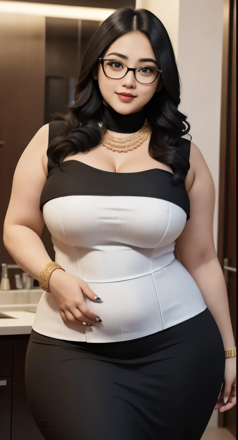 there is a woman in a black polite formal clothes posing for a picture, beautiful thick female, thicc, wide hips, thick thighs, alluring plus sized model, rubenesque, thick legs, large thighs, plus size woman, widest hips, thick body, thick, curvy hourglass figure, curvy model, arabian-Indonesia-japanese goddess , beautiful curvy female, slightly fat arms , wearing 5 bracelet, wearing 3 diamond necklace , glasses 