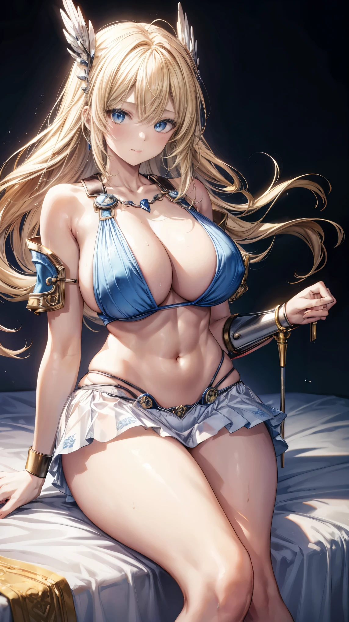 sensual, long blonde hair, thick thighs, 8K, 4K, highest quality, High resolution:1.2), cute anime face, noise reduction, shining blue eyes, gentle smile, gentle eyes、toned abdominal muscles, muscular arms, muscular legs, young face, anime eyes, (((big breasts、A chest that is about to burst)))、sophitia、sword、shield