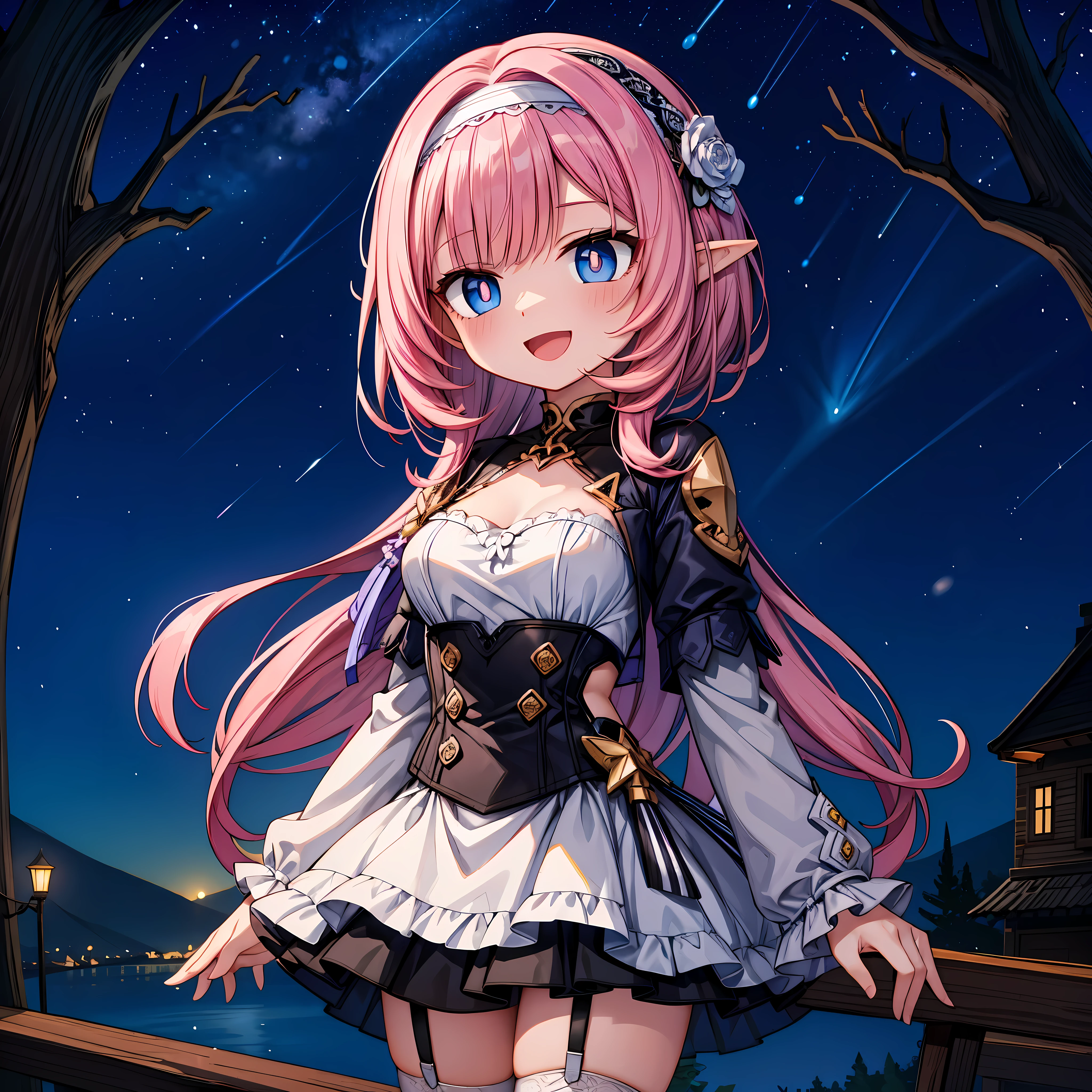 a girl，best picture quality，long pink hair，short jacket，lace headband，short skirt，With a smile，Blue-pink pupils，Elf-like ears，collapse（series），On a high mountain，under the stars，best quality，wave，for the audience，vivid pupils，Bangs，Chest：d，white garter belt