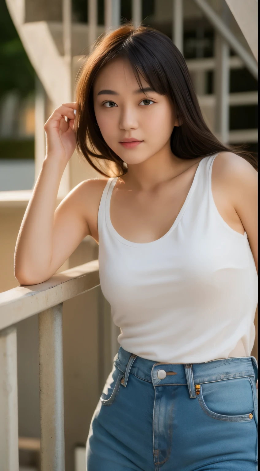 asian beautiful young lady wearing jeans and white tanktop posing on a railing, in the style of xiaofei yue, 32k uhd, eiichiro oda, miki asai, light orange and dark beige, detailed facial features, subtle color variations