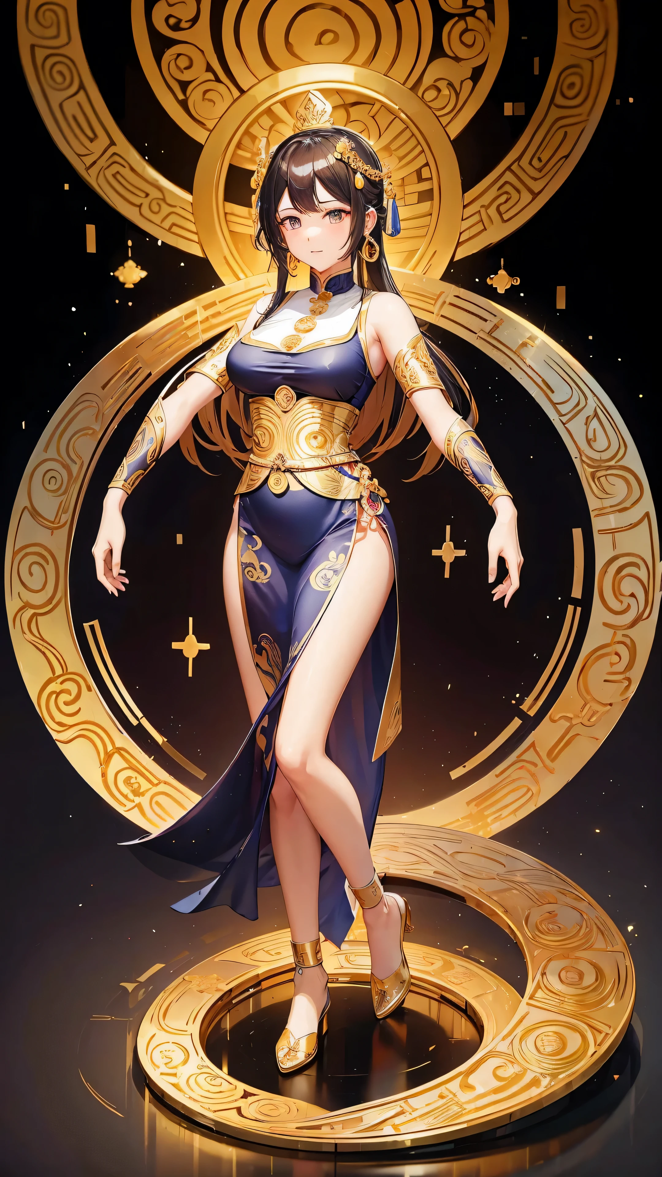 Women, Buddha Emperor's clothes, emperor's Buddha, Dao Ying and big symbols in the background, elegant, many Dao magic runes in the area effect, golden floor with Dao pattern drawings, One thousand Buddha Palm.