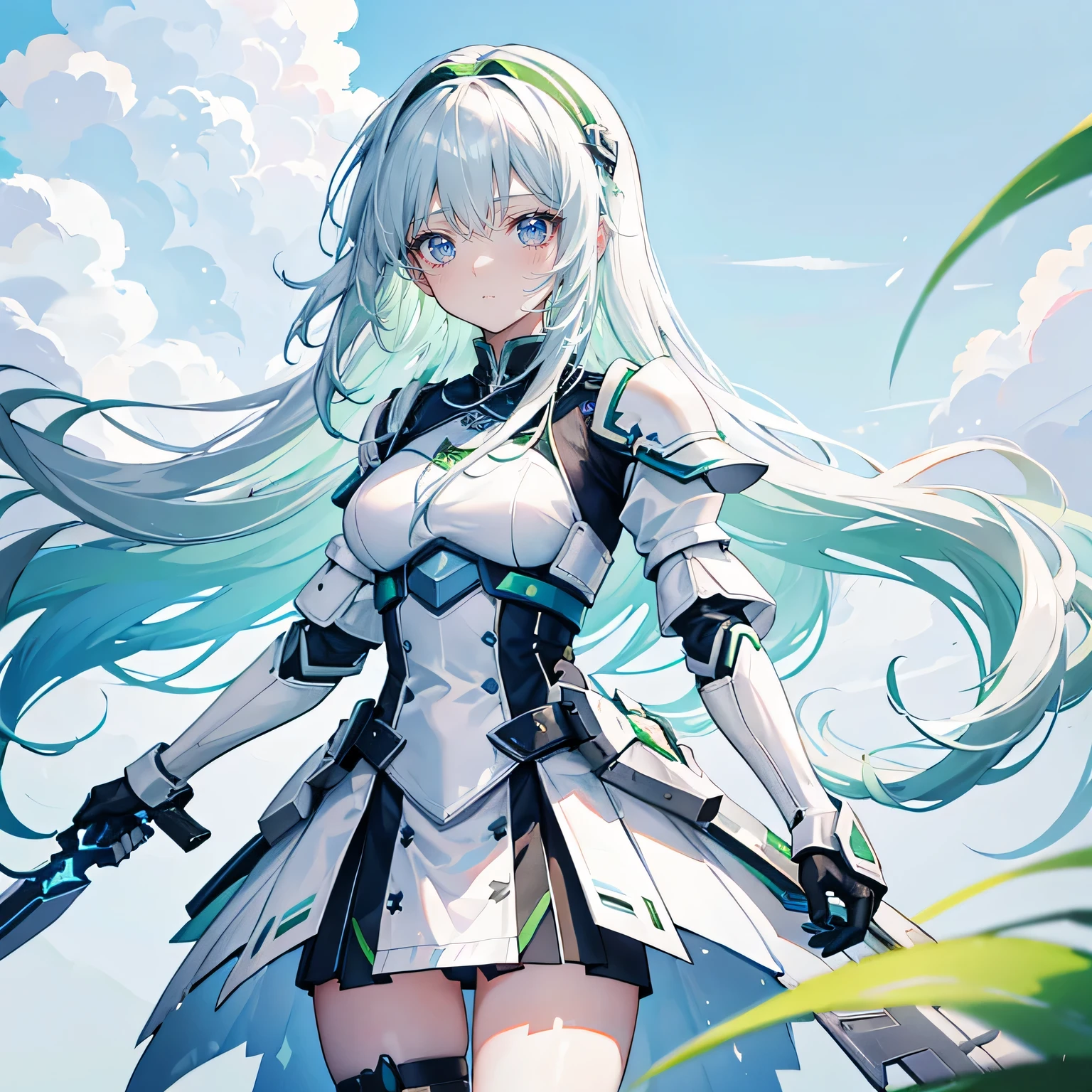 white hair,long hair,Bangs,Bangs整齐,green hair band,gray eyes,girl,Lovely,high-tech armor,There is a skirt ,Technology elements,sword in hand,The background is blue sky and white clouds