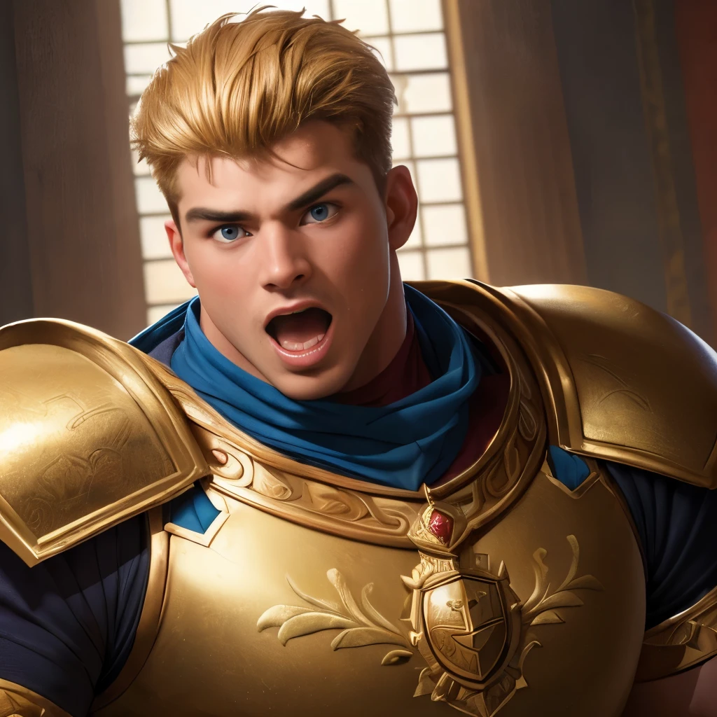 (highest quality:1.5), (masterpiece:1.5), (The King's Room:1.2), (macho:1.2), (huge body:1.1), gold short hair, hot guy, 25 years old, iron armor, (shoot from front:1.5), looking at the camera, surprised expression, mouth open, close-up face