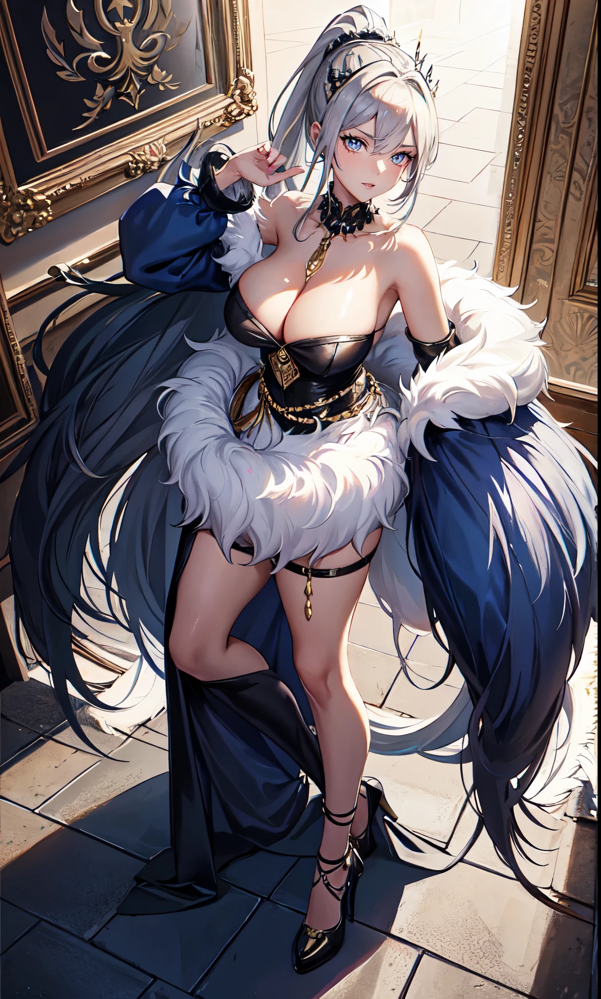 Noble Mansion,(gray hair：2.0),Slender high straight ponytail,gold headband,Standing close-up,dream world,Mature lady,(Slender blue phoenix eyes,lipstick,long eyelashes),long eyelashes,Contact lenses,gemstone gold necklace,(Off-shoulder blue fur dress,fur tube top,fur strapless,wide cuffs,Long skirt,belt：2.0),fur tube top(big breast)ballroom background,(soft light and shadow：1.9),fur high heels,plush high heels,Detailedly drawn backgrounds