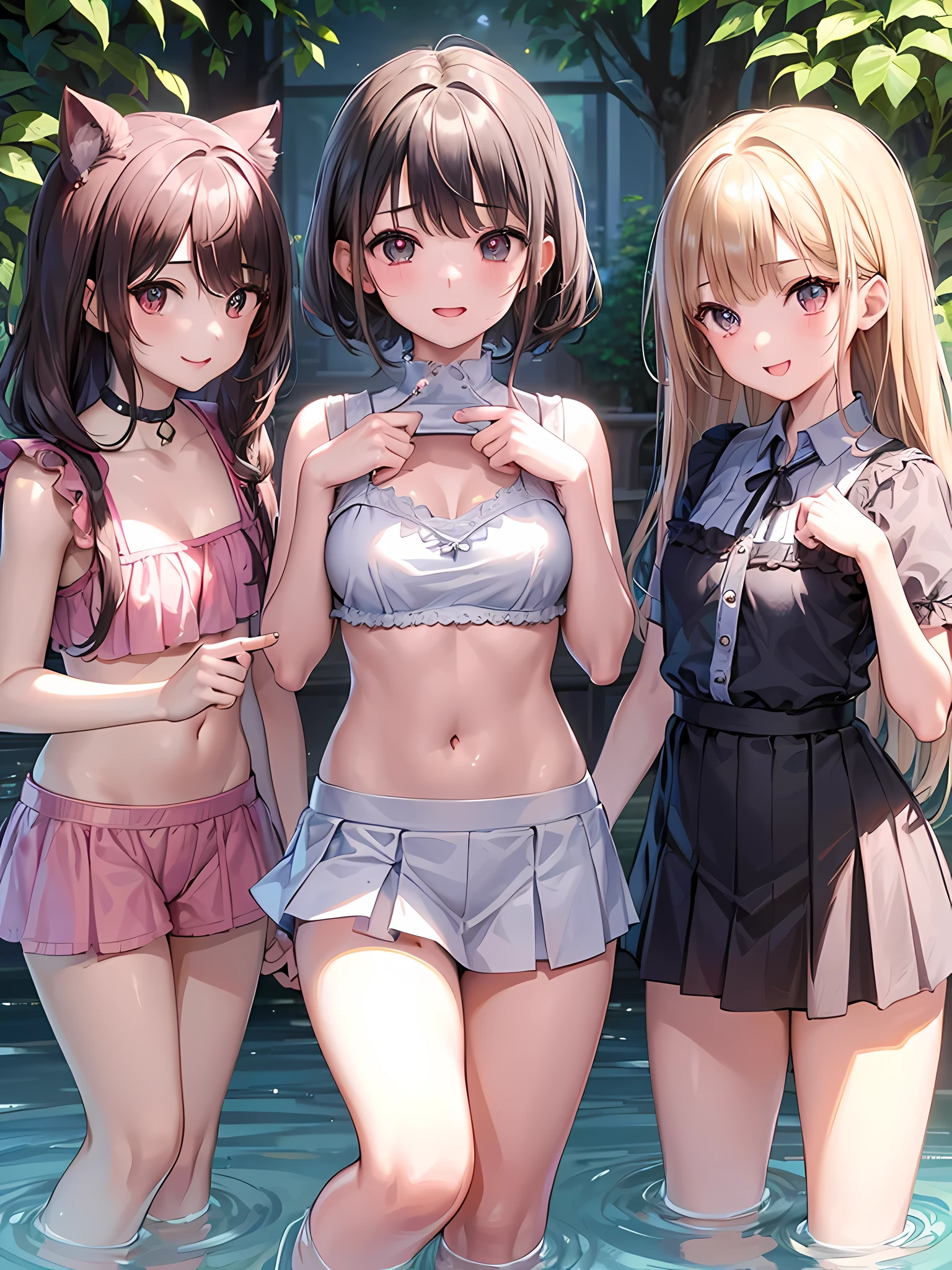 ((highest quality)), ((masterpiece)), (3 girls:1.3), Three cute girls are posing for the camera outdoors underwater, (shirtを持ち上げる:1.3),(The wind flips my skirt:1.3), three people standing in a row, (Close-up shot from the waist up:1.5), (open your mouth and smile:1.3), ray tracing, (bubble butt), bend over, hair band, head band, hair bobble, blouse, shirt, (pastel pink micro bikini top), (high resolution eyes:1.5), (High definition finger 1.5), light smile, realistic, Asian, Westerners, silver hair, brown hair, blonde, (belly button), jewelry, looking at the viewer, necklace, small breasts, long hair, short hair, (abs),