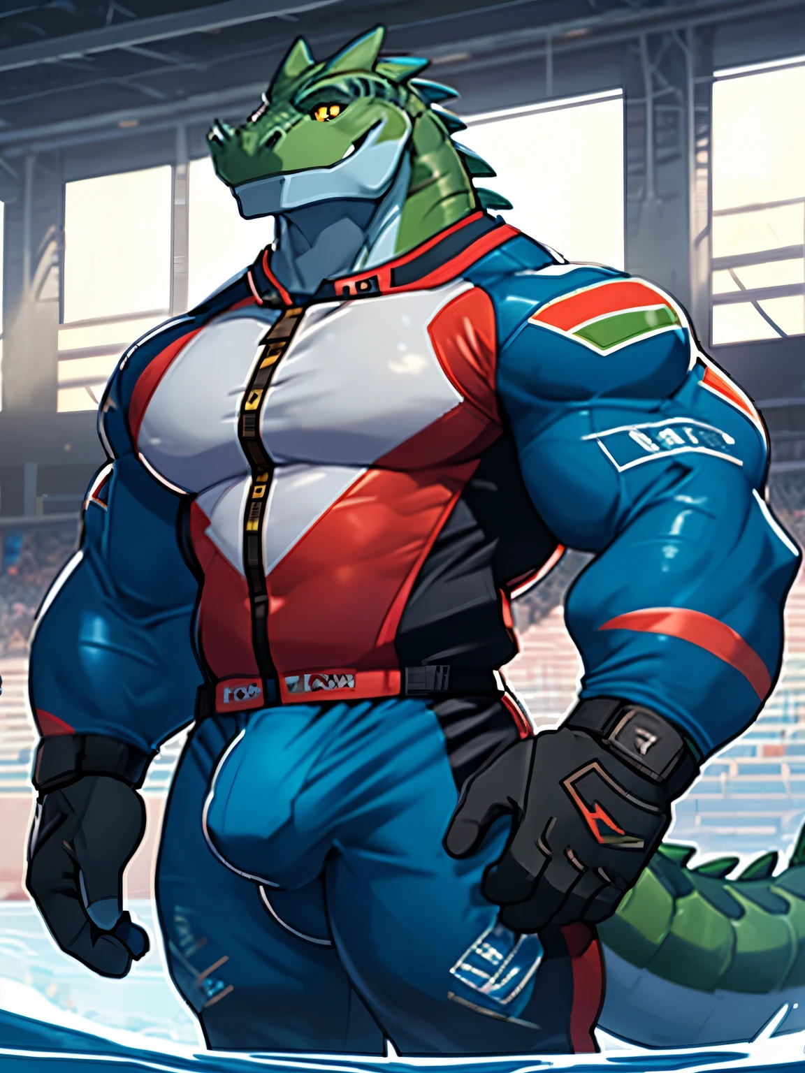 Solo, Male, lizardfolk, cheeky face, Wide face, Broad shoulders, Muscular, buff, Strong, Tall, Giant, Huge amounts of pubic, immensity, Gigantic, large biceps, large pecs, Blue-green body, yellow eyes, There are many scars on the body,detailed crotch, massive bulge, racing suit