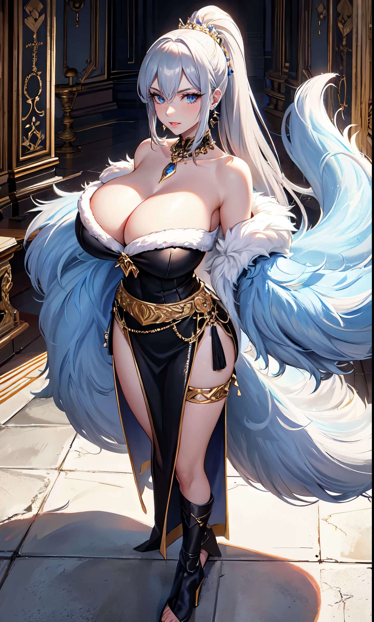 Noble Mansion,(gray hair:2.0),Slender high straight ponytail,gold headband,Standing close-up,dream world,Mature lady,(Slender blue phoenix eyes,lipstick,long eyelashes),long eyelashes,Contact lenses,gemstone gold necklace,(Off-shoulder blue fur dress,fur tube top,fur strapless,wide cuffs,Long skirt,belt:2.0),fur tube top(big breast)ballroom background,(soft light and shadow:1.9),fur high heels,plush high heels,Detailedly drawn backgrounds