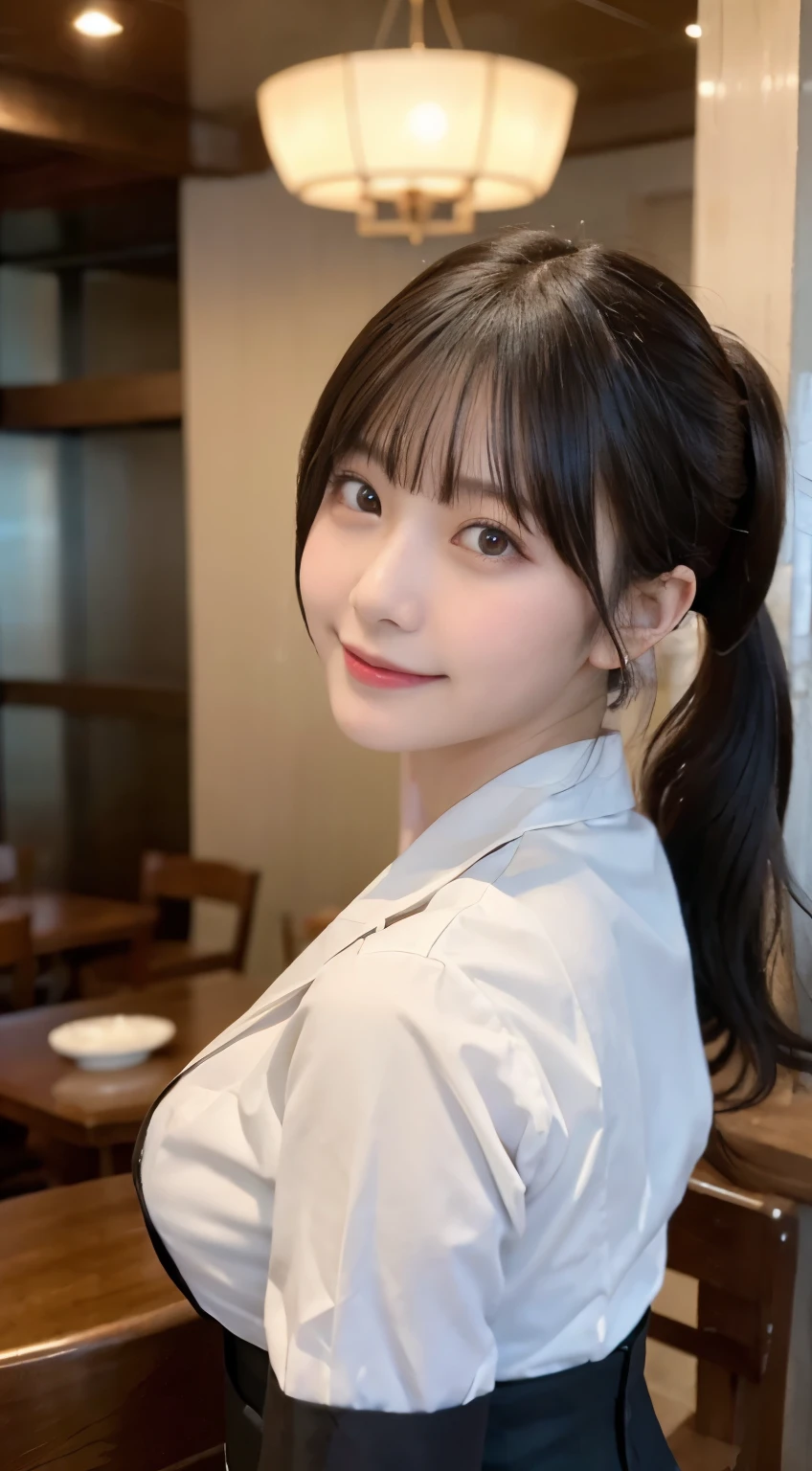 (highest quality,masterpiece:1.3,ultra high resolution,),(Super detailed,caustics),(Photoreal:1.4,RAW shooting,)ultra-realistic capture,very detailed,High resolution 16K human skin close-up。 natural skin texture、,The pores are、、、Must be detailed enough to be easily identified。 Skin should look even-toned and healthy。 Use natural light and color,restaurant,waitress uniform,1 girl,Japanese,18-year-old,cute,black haired,ponytail,big breasts,smile,turn your body forward,(Front view:1.1),look at the camera,cowboy shot,